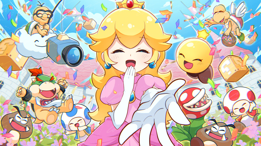 ?_block absurdres basket blonde_hair blue_sky blue_toad_(mario) bowser_jr. camera castle closed_eyes colored_skin confetti dress earrings elbow_gloves fishing_rod flag gloves goomba highres holding holding_basket holding_fishing_rod jewelry koopa_troopa lakitu lakitu&#039;s_cloud looking_at_viewer mario_&amp;_luigi:_brothership mario_&amp;_luigi_rpg mario_(series) megitti nintendo open_mouth outdoors pink_dress piranha_plant princess_peach princess_peach&#039;s_castle puffy_short_sleeves puffy_sleeves red_toad_(mario) short_sleeves sky smile sphere_earrings star_(symbol) starlow toad_(mario) yellow_skin