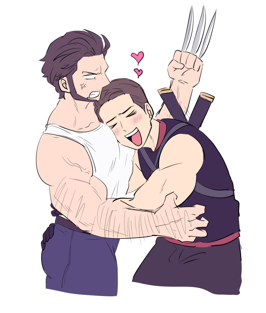 &gt;_&lt; 1hao_(@cerbero64) 2boys anger_vein animification arm_hair belt between_pecs between_pectorals blue_pants blush claw_(weapon) clenched_hand clenched_teeth closed_eyes commentary_request deadpool facial_hair gloves grabbing_another&#039;s_ass groping happy head_between_pecs heart highres katana large_pectorals looking_at_another male_focus marvel multiple_boys muscular muscular_male open_mouth pants pectorals short_hair sleeveless smile sword sword_on_back tank_top teeth veins veiny_arms weapon weapon_on_back white_tank_top wolverine_(x-men) x-men x-men_film_series x-men_origins:_wolverine yaoi
