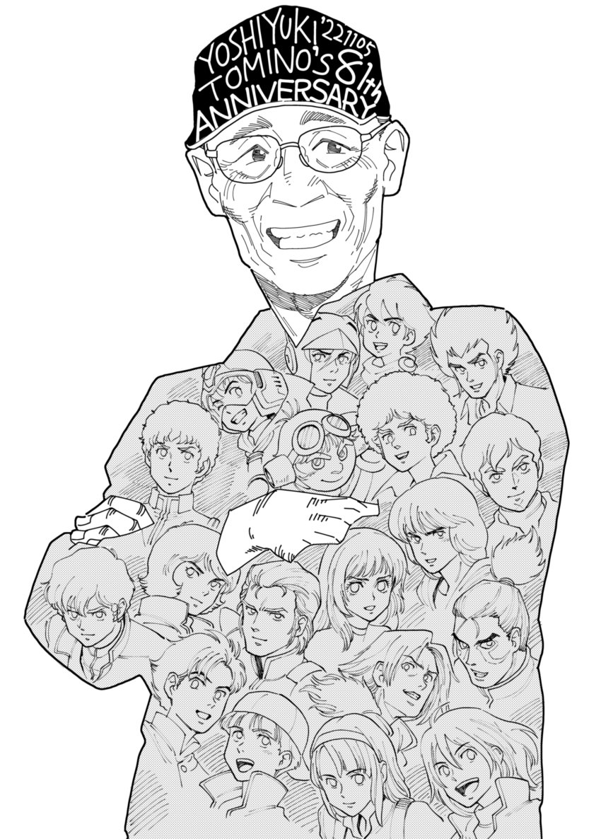 1girl 6+boys :d absurdres amuro_ray animification backwards_hat baseball_cap bellri_zenam brain_powered char&#039;s_counterattack char_aznable character_name collared_shirt cosmo_yuki creator_connection crossed_arms crossover daba_myroad densetsu_kyojin_ideon glasses greyscale gundam gundam_f91 gundam_g_no_reconguista gundam_zz hair_between_eyes haran_banjou hat hibiki_akira highres jin_kappei jiron_amos judau_ashta juusenki_l-gaim kamille_bidan loran_cehack male_focus masutatsu_novuo mobile_suit_gundam monochrome multiple_boys multiple_crossover muteki_choujin_zambot_3 muteki_koujin_daitarn_3 open_mouth raideen_(series) real_life rean_no_tsubasa sakomizu_shinjirou seabook_arno seisenshi_dunbine sentou_mecha_xabungle shirt shou_zama smile tomino_yoshiyuki triton turn_a_gundam umi_no_triton uso_ewin utsumiya_hime victory_gundam white_background yuusha_raideen zeta_gundam