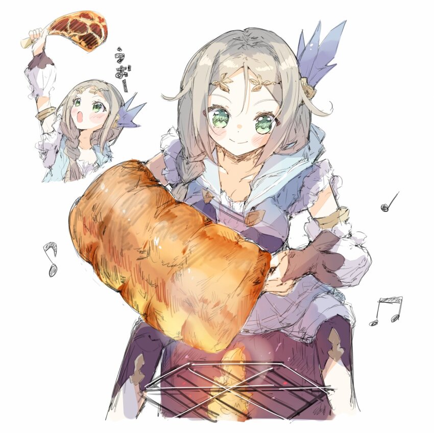 1girl atelier_(series) atelier_firis black_thighhighs blush braid breasts circlet closed_mouth collarbone cropped_legs cropped_torso detached_sleeves dot_nose feather_hair_ornament feathers fire firis_mistlud food frilled_shirt frilled_sleeves frills gold_circlet green_eyes grey_hair grill hair_between_eyes hair_ornament hair_over_shoulder highres holding holding_food humming long_hair looking_at_food meat medium_breasts miniskirt multiple_views musical_note parted_bangs sanpo shirt sidelocks simple_background single_braid sitting skirt smile spread_legs thighhighs white_background
