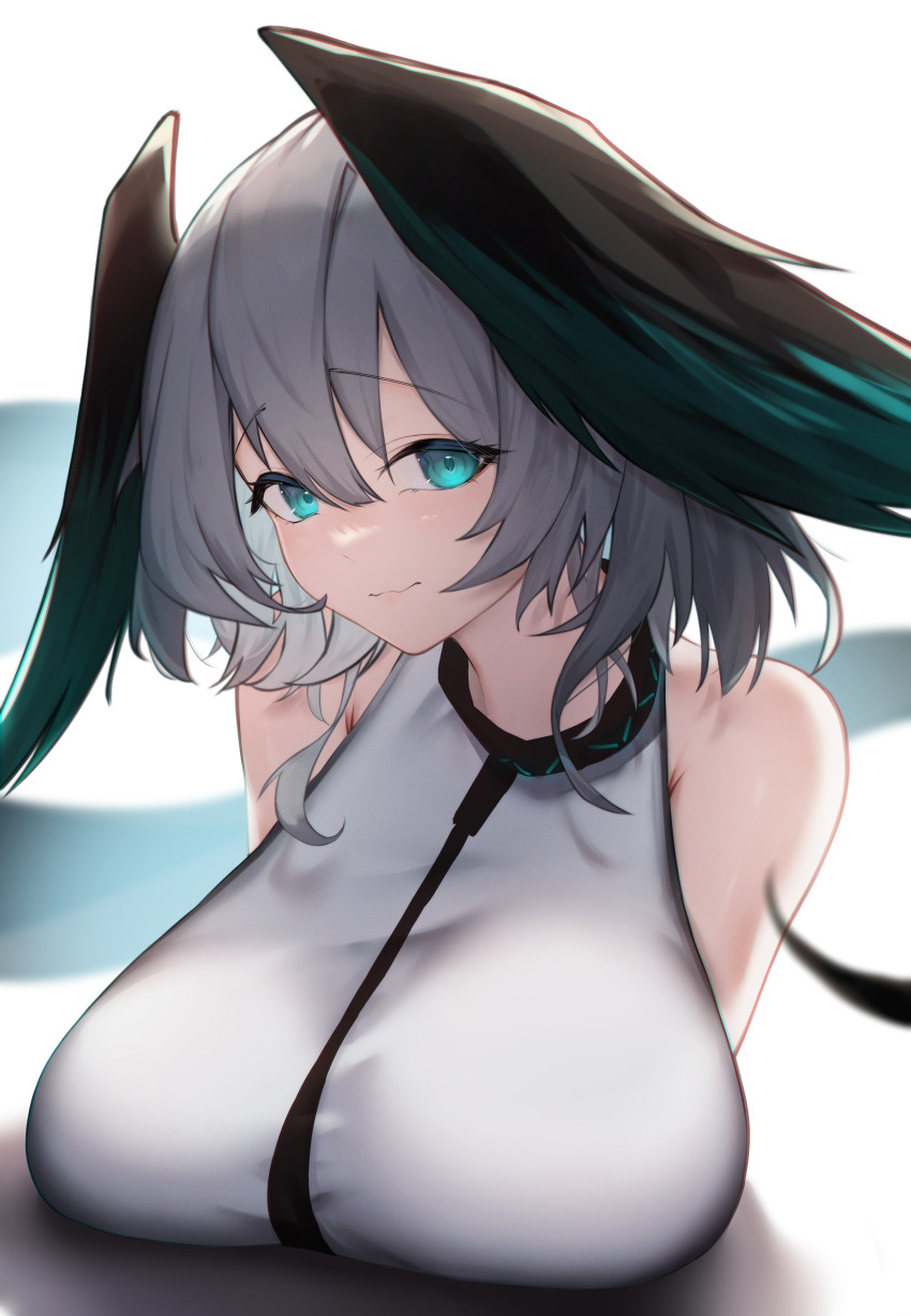 1girl absurdres aqua_eyes arknights bare_shoulders between_breasts breasts closed_mouth dress feathered_wings grey_hair hair_between_eyes head_wings highres ho&#039;olheyak_(arknights) infection_monitor_(arknights) large_breasts looking_at_viewer medium_hair solo strap_between_breasts upper_body white_dress wings worimehl