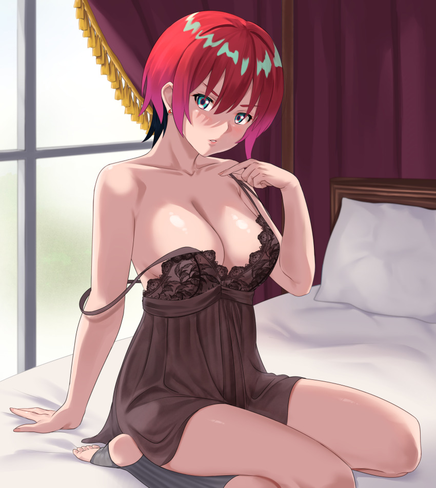 1girl amate_yuzuriha aqua_eyes bare_shoulders bed black_camisole blush breasts camisole cleavage gundam gundam_gquuuuuux highres large_breasts looking_at_viewer pillow red_hair ryouya short_hair solo