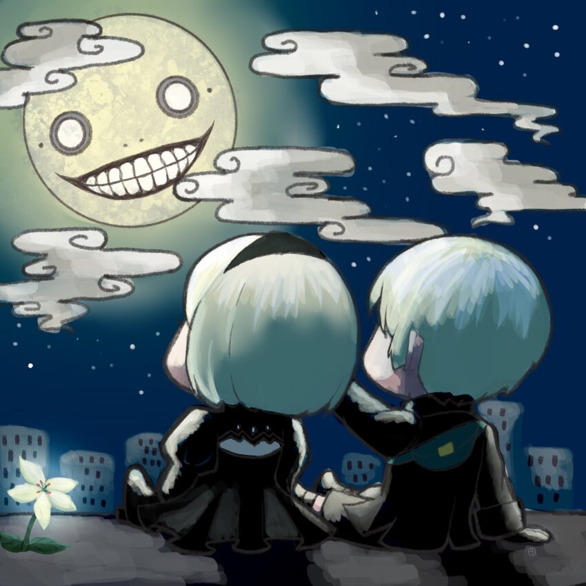 2b_(nier:automata) 9s_(nier:automata) building chibi chibi_only commentary_request egasumi emil_(nier) flower from_behind full_body heguang_(wakou) highres looking_up lunar_tear mid-autumn_festival nier:automata nier_(series) night night_sky o_o on_floor outdoors short_hair sitting sky star_(sky) starry_sky teeth white_flower white_hair