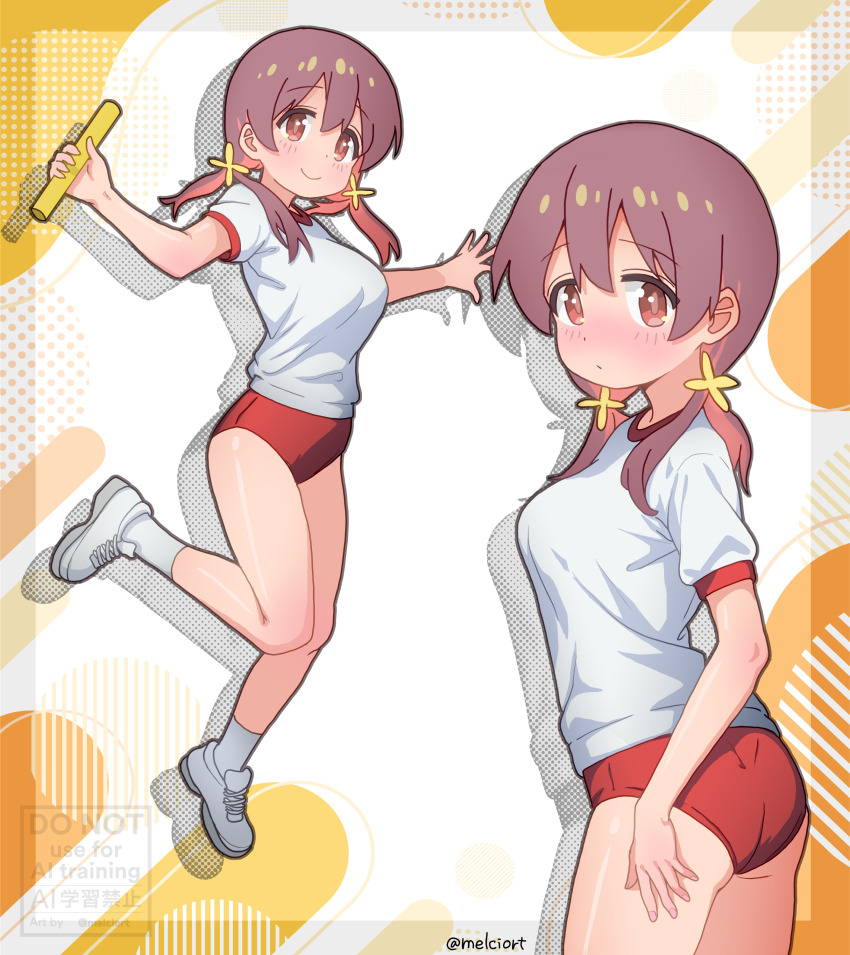 1girl absurdres artist_name ass bare_arms bare_legs blush breasts brown_eyes brown_hair buruma commentary dot_nose english_text gym_shirt gym_uniform hair_ornament highres long_hair looking_at_viewer low_twintails medium_breasts melciort multicolored_hair multiple_views murosaki_miyo onii-chan_wa_oshimai! red_buruma red_hair relay_baton shirt shoes short_sleeves simple_background smile socks twintails twitter_username two-tone_hair watermark white_shoes white_socks