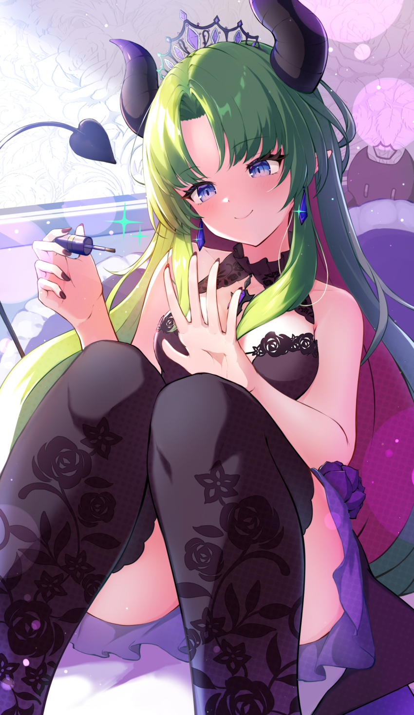 1girl absurdres airi_viridis applying_manicure black_collar black_dress black_nails black_thighhighs blue_eyes breasts cleavage collar collarbone commentary creature demon_horns demon_tail dress earrings english_commentary floral_print floral_print_thighhighs flower gradient_thighhighs green_hair highres horns jewelry lens_flare long_hair medium_breasts multicolored_hair nail_polish nail_polish_brush necklace official_alternate_costume parted_bangs pink_hair purple_flower purple_rose purple_skirt purple_thighhighs rose seitokai_satoo-sgr sitting skirt solo sparkle tail thighhighs tiara v-dere viridevil_(airi_viridis) virtual_youtuber