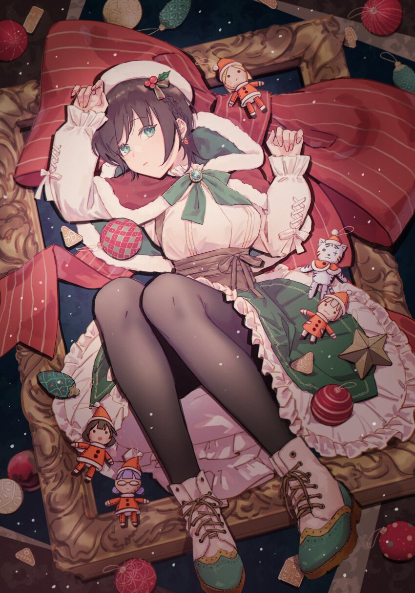 absurdres aoi_erika black_thighhighs bow byakko_(heaven_burns_red) character_doll christmas doll dress fur-trimmed_dress fur-trimmed_headwear fur_trim green_dress hat heaven_burns_red highres higuchi_seika hiiragi_kozue large_bow merry_christmas minase_ichigo minase_sumomo picture_frame santa_costume santa_hat solo_focus team_31b_(heaven_burns_red) thighhighs wbon