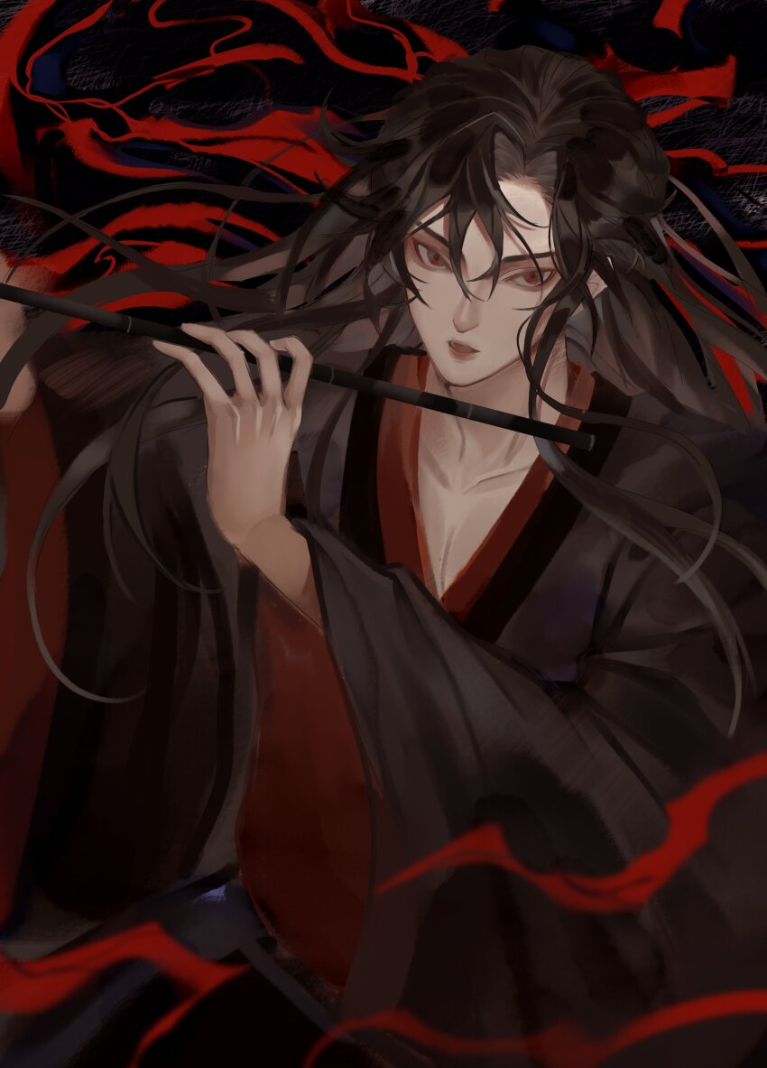 1boy a380ml absurdres bishounen black_background black_hair black_hanfu black_robe chinese_clothes collarbone dizi floating_hair flute hair_down hair_ribbon half_updo hanfu highres holding holding_flute holding_instrument instrument long_hair long_sleeves looking_at_viewer male_focus modao_zushi music official_alternate_hairstyle parted_lips pectoral_cleavage pectorals playing_flute playing_instrument red_eyes red_lips red_ribbon ribbon robe smoke solo transverse_flute upper_body wei_wuxian wei_wuxian_(yiling_laozu) wide_sleeves