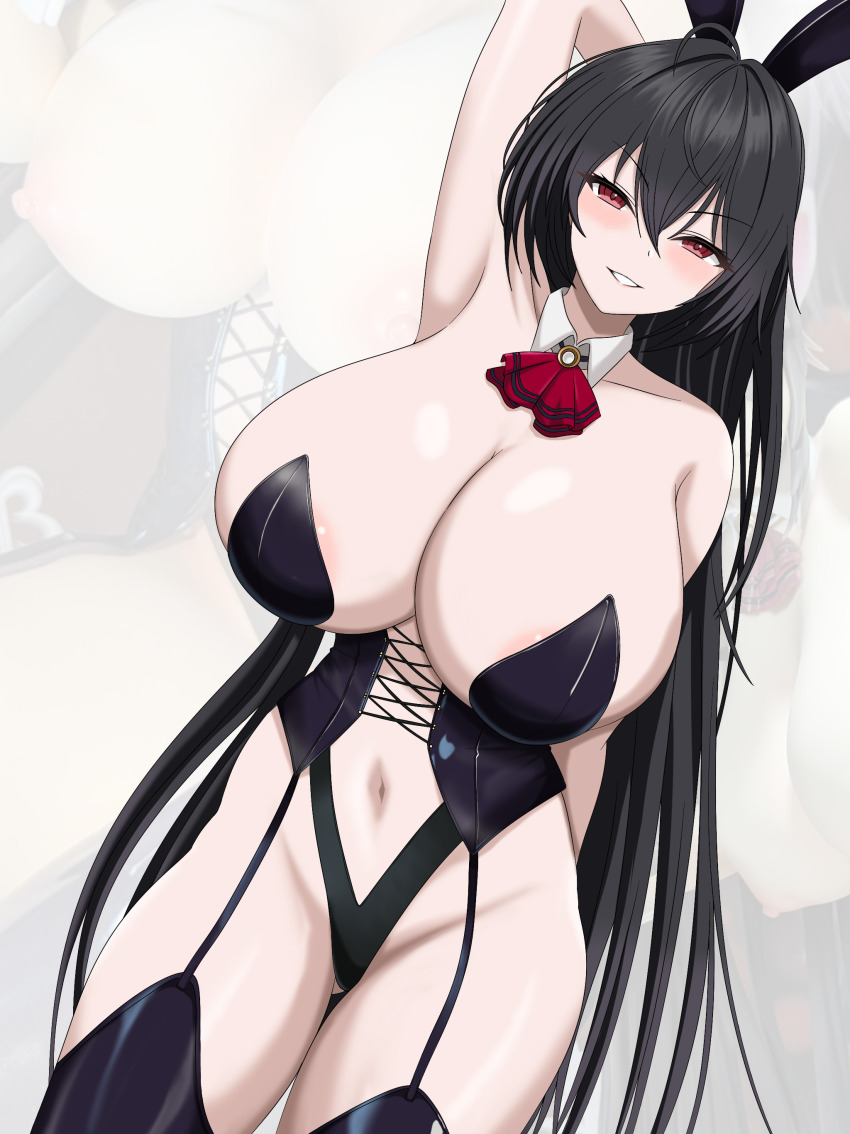 1girl absurdres alternate_costume animal_ears areola_slip arm_behind_head arm_up armpits ascot azur_lane bare_shoulders black_corset black_garter_straps black_hair black_leotard black_thighhighs blush breasts cleavage corset cross-laced_clothes detached_collar dutch_angle fake_animal_ears garter_straps hair_between_eyes highres huge_breasts kuro_hopper leotard long_hair looking_at_viewer navel playboy_bunny rabbit_ears red_ascot red_eyes simple_background smile solo taihou_(azur_lane) thighhighs thighs very_long_hair white_background zoom_layer