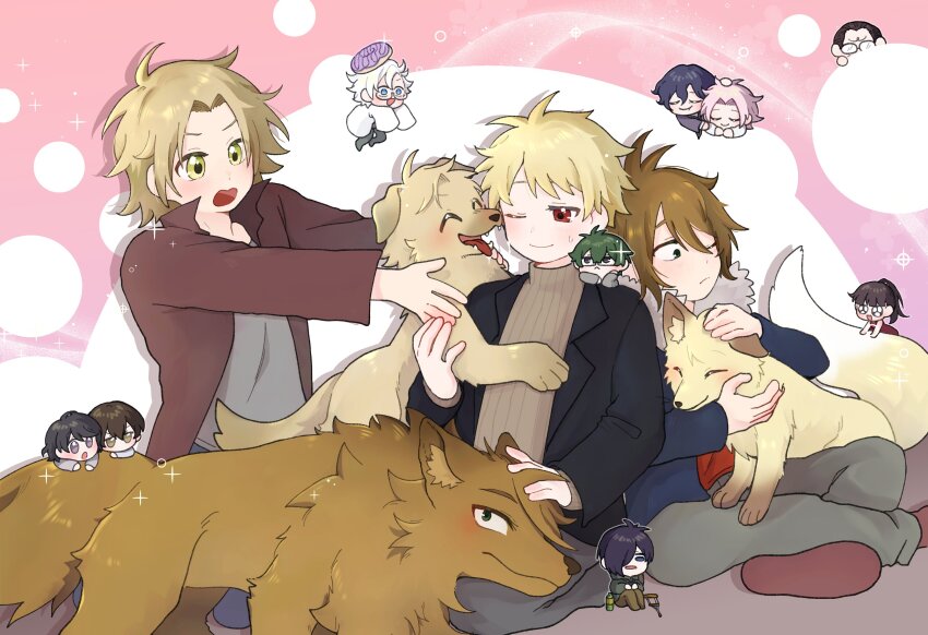 2girls 6+boys ;) ^_^ absurdres aiba_ibuki animalization atou_haruki black_hair black_jacket blonde_hair blue_eyes blue_hair blue_jacket brown_hair brown_jacket brown_pants brown_sweater chibi chihare_(chihare_780) closed_eyes closed_mouth commentary_request crutch dark_blue_hair dog donut dress food fox fur-trimmed_jacket fur_trim glasses green_eyes green_hair green_jacket grey_pants grey_shirt hair_over_one_eye hand_on_another&#039;s_head hatsutori_hajime highres isoi_reiji jabuchi_you jacket kanou_aogu kumazaki_karen kurachi_terumi light_brown_hair long_sleeves mini_person miniboy minigirl multiple_boys multiple_girls one_eye_closed open_clothes open_jacket open_mouth otowa_rui_(saibou_shinkyoku) pants parted_bangs pink_hair ponytail purple_eyes purple_jacket red_dress red_shirt red_shoes ribbed_sweater saibou_shinkyoku semi-rimless_eyewear shinano_eiji shirt shoes sitting sleeveless sleeveless_dress smile sweat sweater turtleneck turtleneck_sweater utsugi_noriyuki white_hair white_shirt yanagi_nina yellow_eyes
