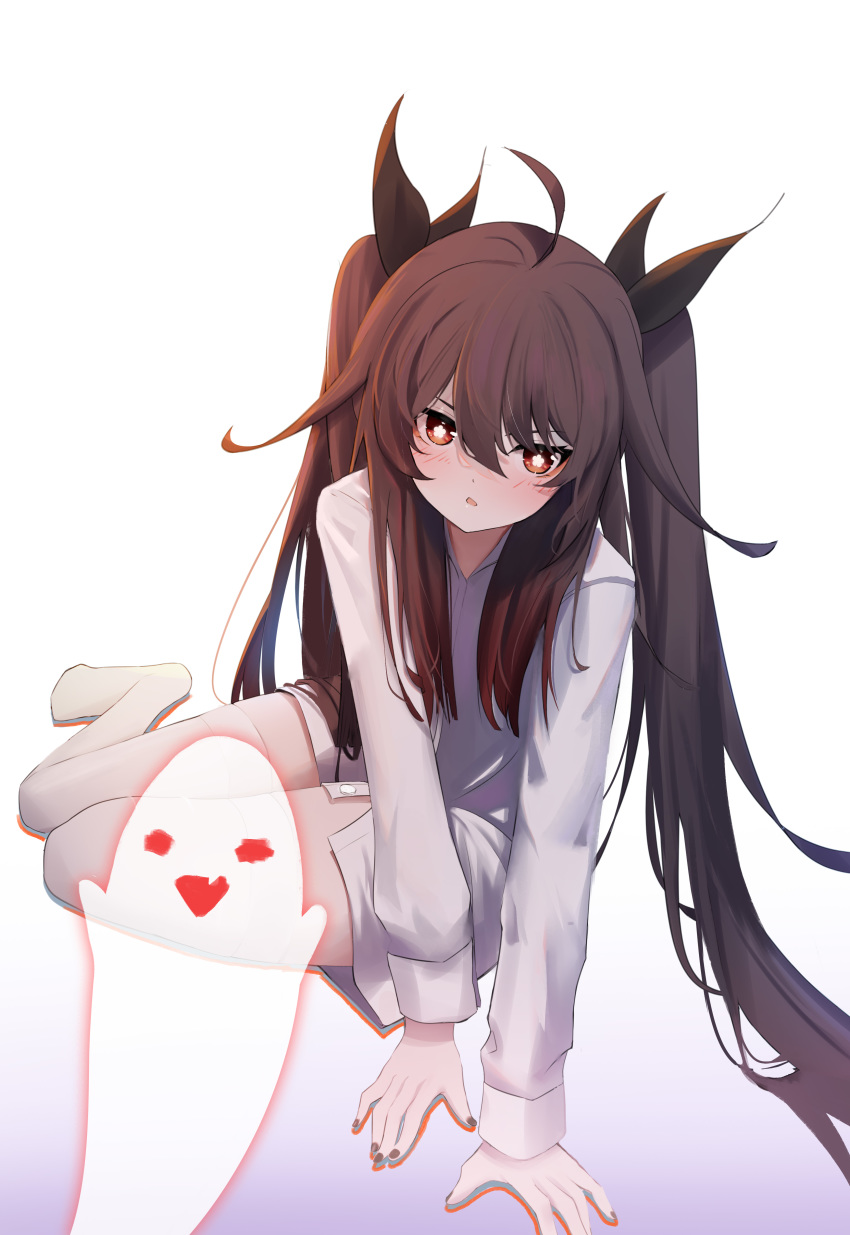 1girl absurdres ahoge black_nails blush brown_hair flower-shaped_pupils full_body genshin_impact ghost highres hu_tao_(genshin_impact) nail_polish open_mouth qixia red_eyes symbol-shaped_pupils thighs twintails white_background