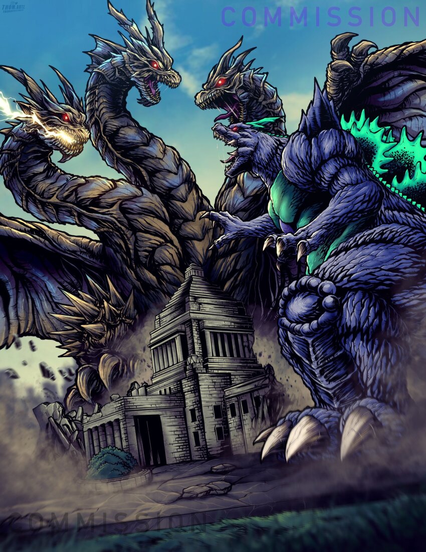 claws dragon dragon_horns fangs giant giant_monster glowing glowing_eyes glowing_mouth godzilla godzilla:_final_wars godzilla_(series) gold_skin highres horns jaw kaiju keizer_ghidorah lightning multiple_heads national_diet_building no_humans open_mouth real_world_location red_eyes sharp_teeth spikes spines super_godzilla super_godzilla_(character) tail teeth thomdotartz tokusatsu tokyo_(city) wings