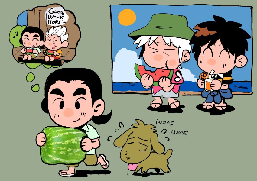 4boys akagi_shigeru alternate_costume beach black_eyes black_hair black_shirt blue_sky chibi chibi_only closed_eyes closed_mouth cloud commentary_request day dog eating english_text food fruit fukumoto_mahjong full_body gin_to_kin grey_shorts hawaiian_shirt highres hirai_ginji holding holding_food holding_fruit holding_watermelon igawa_hiroyuki imagining italian_commentary juice kaiji male_focus morita_tetsuo multiple_boys old old_man orange_(fruit) orange_juice orange_slice outdoors pink_shirt shirt shorts sitting sky smile striped_clothes striped_shirt sun ten_(manga) tzk6996 walking watermelon watermelon_slice yellow_shirt