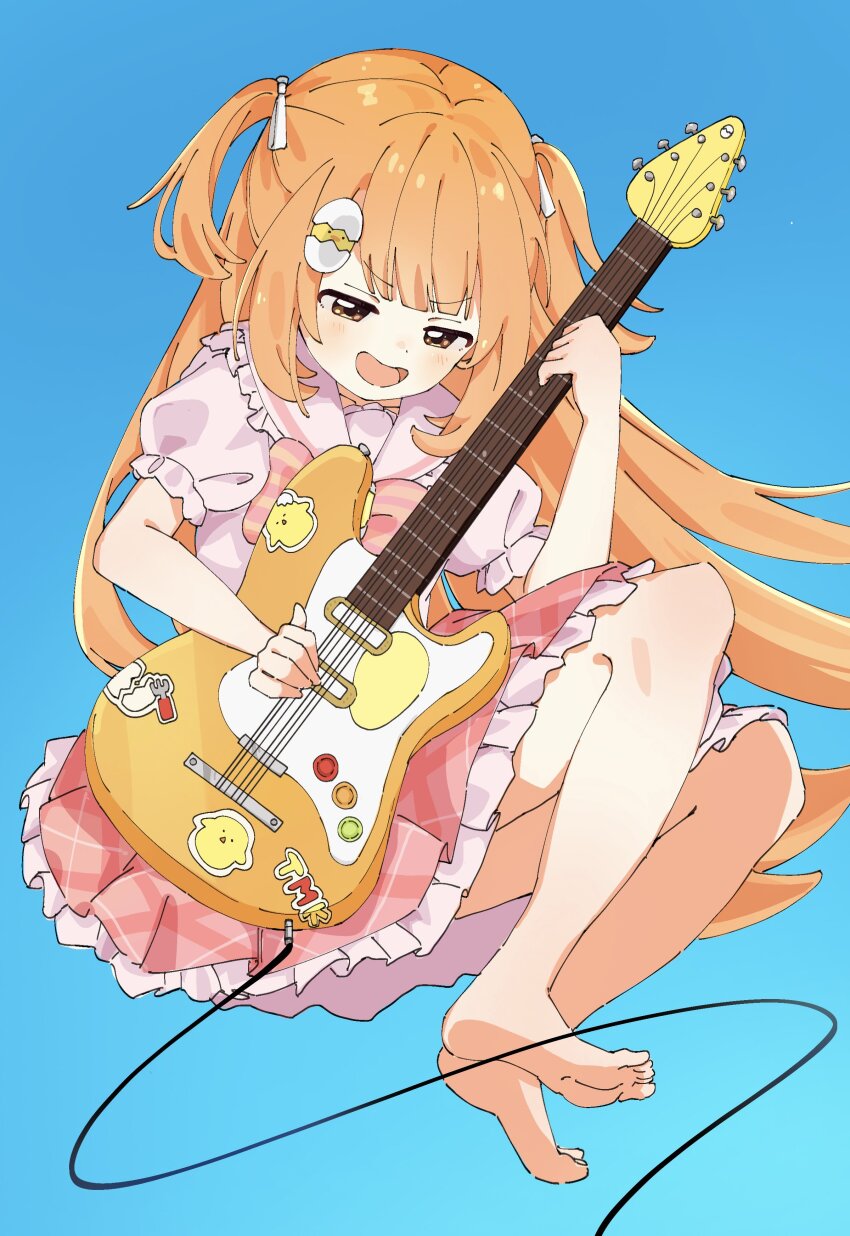 1girl absurdres bare_legs barefoot blue_background blush bow bowtie egg_hair_ornament electric_guitar food-themed_hair_ornament frilled_sailor_collar frilled_sleeves frills full_body guitar hair_ornament hair_ribbon highres holding holding_guitar holding_instrument instrument kirara_tamako kirara_tamako_(2nd_costume) long_hair looking_at_object music nijisanji no_jacket open_mouth orange_eyes orange_hair petticoat pink_bow pink_bowtie pink_skirt plaid_clothes plaid_skirt playing_guitar playing_instrument pleated_skirt puffy_short_sleeves puffy_sleeves ribbon ryo_lo2 sailor_collar shirt short_sleeves simple_background sitting skirt solo striped_bow striped_bowtie striped_clothes two_side_up v-shaped_eyebrows virtual_youtuber white_ribbon white_sailor_collar white_shirt yokozuwari