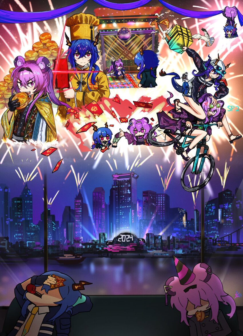 2024 2girls animal_ears arknights blue_hair ch&#039;en_(arknights) chef_hat dance_floor dancing dragon_girl dragon_horns food harlequin-wheels hat highres horns lin_(arknights) money mouse_ears multiple_girls pink_eyes pink_hair pizza red_hair
