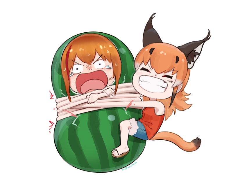 2girls absurdres animal_ears beleven brown_hair caracal_(kemono_friends) cat_ears cat_girl cat_tail cosplay extra_ears food fruit highres indie_virtual_youtuber irodori_mayoi kemono_friends kemono_friends_v_project long_hair looking_at_viewer monkey_d._luffy monkey_d._luffy_(cosplay) multiple_girls one_piece parody sandals shirt shorts simple_background sleeveless sleeveless_shirt tail tears teeth virtual_youtuber watermelon