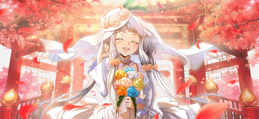 1girl ^_^ artist_request autumn_leaves blue_flower blue_rose blurry blurry_foreground bouquet bridal_veil child closed_eyes code_geass code_geass:_lost_stories covered_navel dress facing_viewer falling_leaves female_focus flower game_cg hair_flower hair_ornament hands_up happy hat hat_flower highres holding holding_bouquet leaf light_rays long_hair long_sleeves m/ non-web_source official_art open_mouth orange_flower orange_rose pagoda red_background rose see-through_clothes see-through_veil sidelocks smile solo standing sunlight tears teeth tianzi tree upper_body veil very_long_hair wedding_dress white_dress white_flower white_hair white_rose yellow_flower yellow_rose