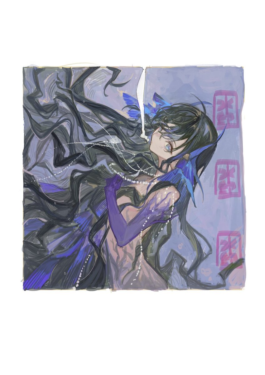 1girl ahoge air_bubble arknights black_hair blue_eyes border bubble chinese_commentary coral elbow_gloves fins floating_hair gloves grey_background hair_ornament hand_on_own_chest head_back head_fins highmore_(arknights) highres jewelry long_hair looking_at_viewer looking_to_the_side multicolored_hair necklace nude open_mouth pearl_necklace pipidan pointy_ears purple_gloves purple_hair solo streaked_hair upper_body very_long_hair white_border