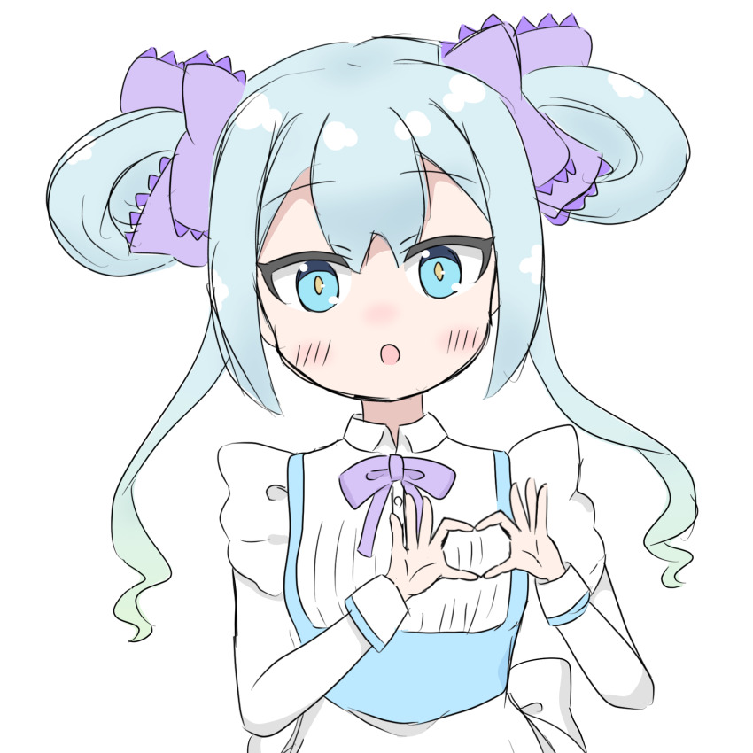 1girl :o blue_eyes blue_hair bow child double-parted_bangs double_bun hair_bow hair_bun heart heart_hands highres napier_ngen ongeki purple_bow suzushima_arisu twintails upper_body