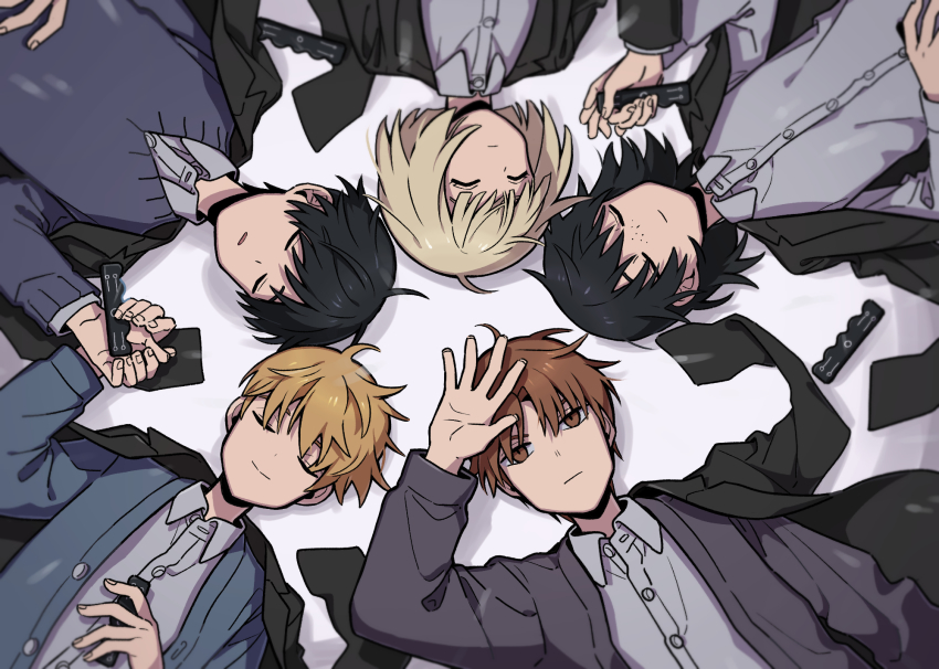 2girls 3boys arm_over_head black_hair black_jacket blonde_hair blue_cardigan bob_cut brown_eyes brown_hair cardigan circle_formation closed_eyes closed_mouth collared_shirt dress_shirt drop_shadow facing_viewer freckles from_above frown grey_cardigan hand_on_own_chest hand_on_own_stomach hand_up hatohara_mirai highres hiyami_aki holding holding_hands holding_weapon inukai_sumiharu jacket jacket_on_shoulders looking_at_viewer lying multiple_boys multiple_girls nana_0253 ninomiya_masataka on_back shirt short_hair simple_background sleeping smile sweater tsuji_shinnosuke upper_body weapon white_background white_shirt world_trigger