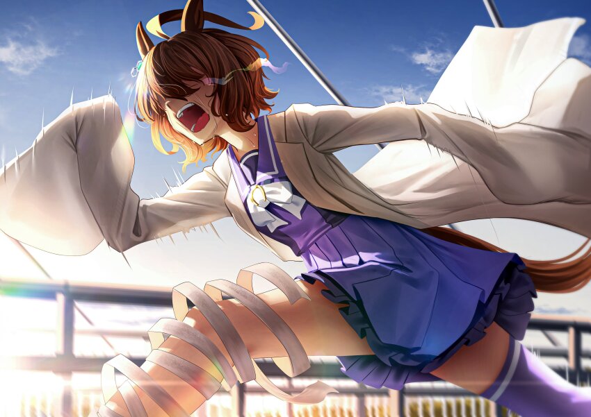 1girl absurdres agnes_tachyon_(umamusume) ahoge animal_ears bandaged_leg bandages blue_sky bow bowtie brown_hair covered_eyes crying ear_ornament earrings fence flaming_eye frilled_skirt frills highres horse_ears horse_girl horse_tail horseshoe_ornament huge_ahoge jewelry lab_coat long_sleeves loose_bandages manjo_(warito) medium_hair motion_lines open_mouth oversized_clothes pleated_skirt purple_sailor_collar purple_serafuku purple_shirt purple_skirt purple_thighhighs running sailor_collar sailor_shirt school_uniform serafuku shirt single_earring skirt sky sleeves_past_fingers sleeves_past_wrists solo sunset tail thighhighs tracen_school_uniform umamusume white_bow white_bowtie wolf_cut