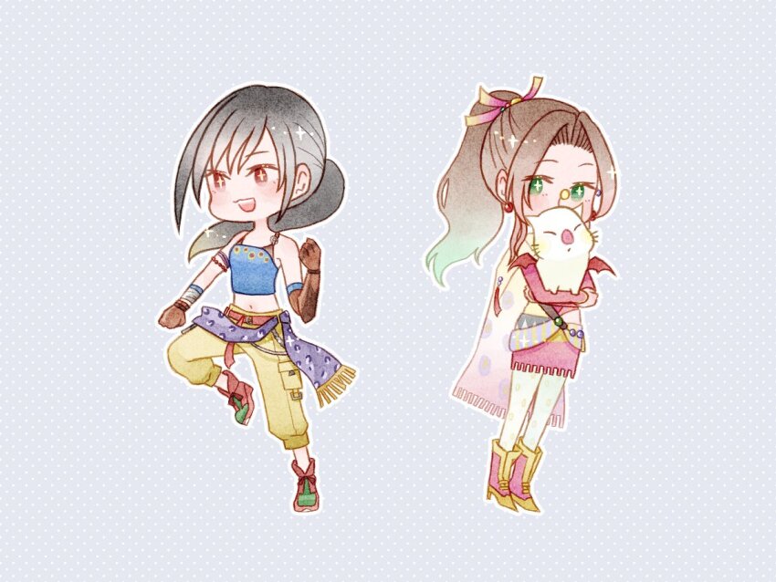 2girls aerith_gainsborough aerith_gainsborough_(terra&#039;s_garb) armband bare_shoulders black_hair blue_shirt bluelimbo8888 brown_eyes brown_gloves brown_hair cape chibi clenched_hands cosplay crop_top detached_sleeves dress earrings final_fantasy final_fantasy_vii final_fantasy_vii_ever_crisis gloves gold_trim green_eyes green_footwear grey_background hair_bobbles hair_ornament hair_ribbon holding holding_stuffed_toy jewelry light_blush low_ponytail midriff moogle multiple_girls navel official_alternate_costume open_mouth panties parted_lips polka_dot polka_dot_legwear ponytail red_dress red_footwear red_sleeves ribbon sabin_rene_figaro sabin_rene_figaro_(cosplay) sash shirt smile stuffed_animal stuffed_toy terra_branford_(cosplay) tifa_lockhart tifa_lockhart_(sabin&#039;s_style) tina_branford underwear waist_sash yellow_panties