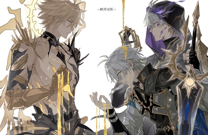 3boys absurdres alternate_form antenna_hair armor bare_pectorals black_choker black_cloak black_gloves black_shirt blonde_hair blue_cape blue_eyes cape choker cloak coat commentary_request cracked_skin dark_persona dripping fingerless_gloves flame_reaver_of_the_deepest_dark gloves hair_between_eyes halo halo_behind_head highres holding holding_sword holding_weapon honkai:_star_rail honkai_(series) hood hood_up hooded_cloak male_focus material_growth multiple_boys multiple_persona oh_qing_yang pauldrons pectorals phainon_(honkai:_star_rail) shirt short_hair shoulder_armor simple_background single_glove single_pauldron sword torn_clothes torn_shirt watermark weapon white_background white_coat white_hair yellow_blood yellow_eyes