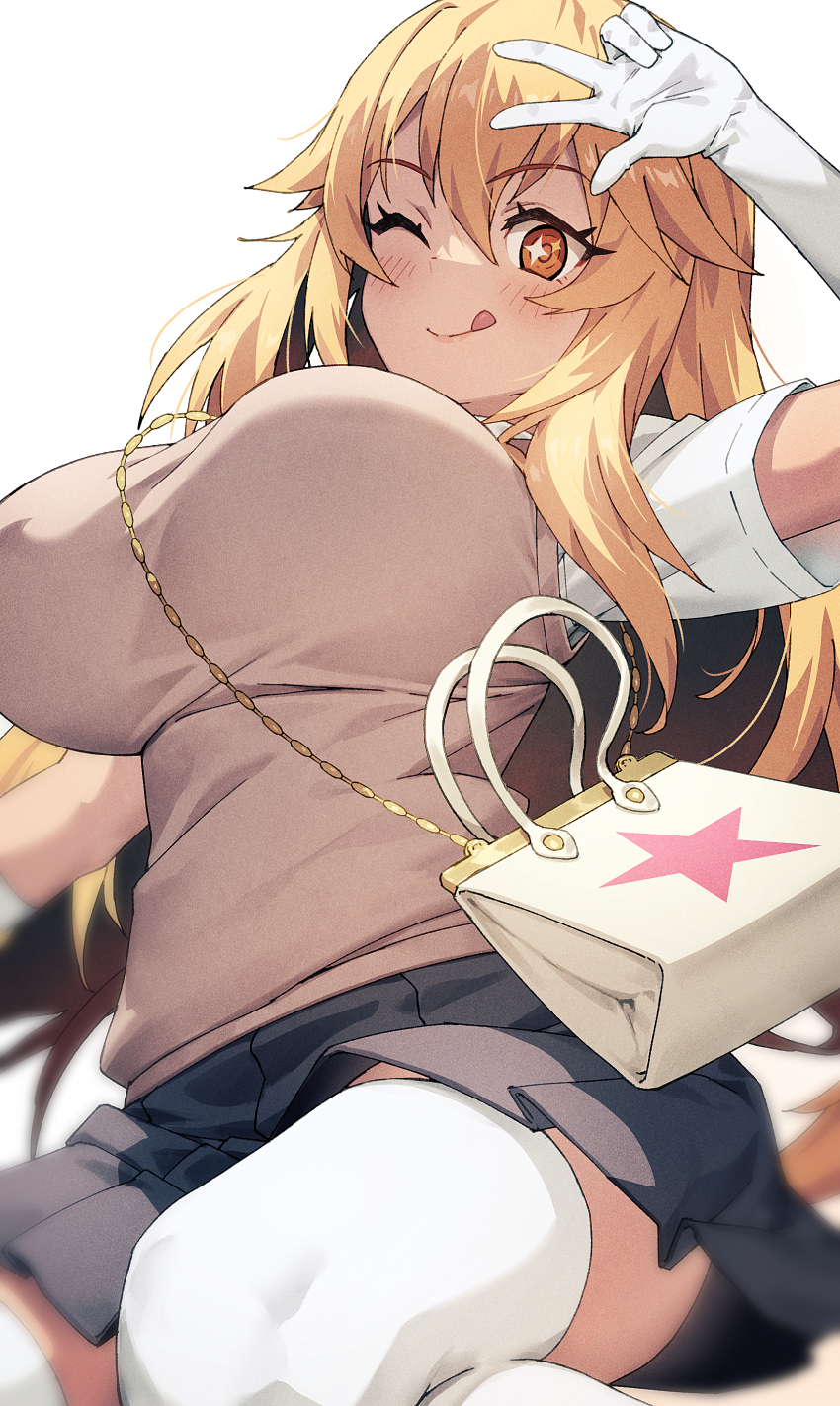1girl ;p ;q absurdres bag black_skirt blonde_hair blush breasts brown_sweater_vest chyko gloves hair_between_eyes highres large_breasts long_hair looking_at_viewer one_eye_closed school_uniform shirt shokuhou_misaki short_sleeves sitting skirt solo sparkling_eyes sweater_vest thighhighs thighs toaru_kagaku_no_railgun toaru_majutsu_no_index tokiwadai_school_uniform tongue tongue_out w white_bag white_gloves white_shirt white_thighhighs zettai_ryouiki