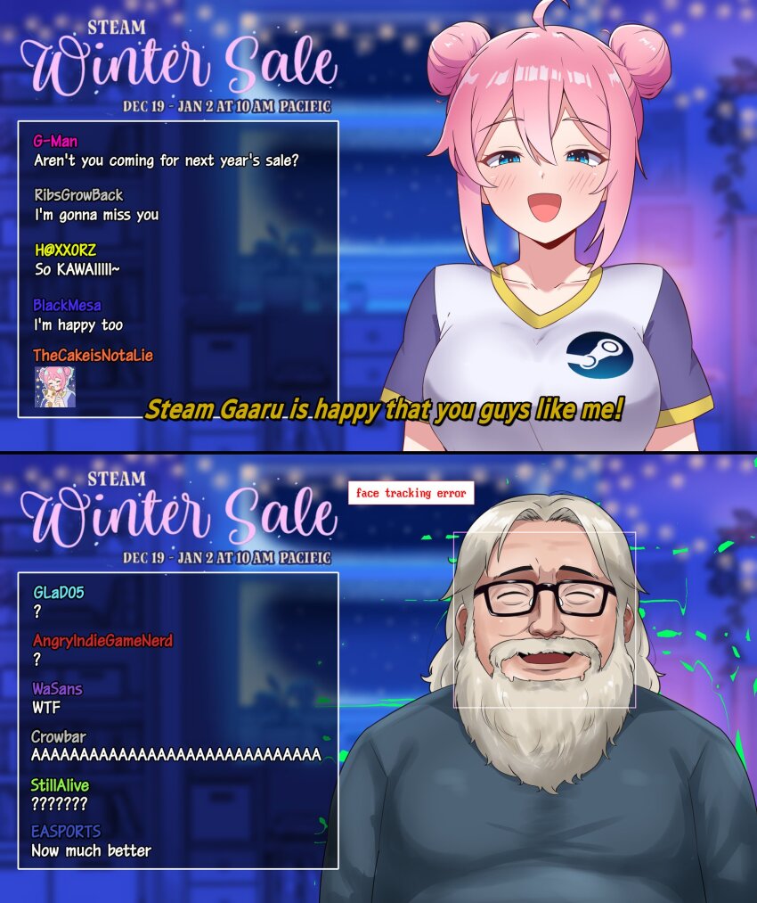 :d ahoge amogan beard black-framed_eyewear black_shirt blurry blurry_background chat_log closed_eyes commentary double_bun english_commentary english_text facial_hair gabe_newell glasses grey_hair hair_bun half-closed_eyes highres livestream looking_at_viewer open_mouth pink_hair raglan_sleeves shirt short_sleeves sidelocks smile steam steam_(platform) steam_delivery_girl subtitled upper_body virtual_youtuber