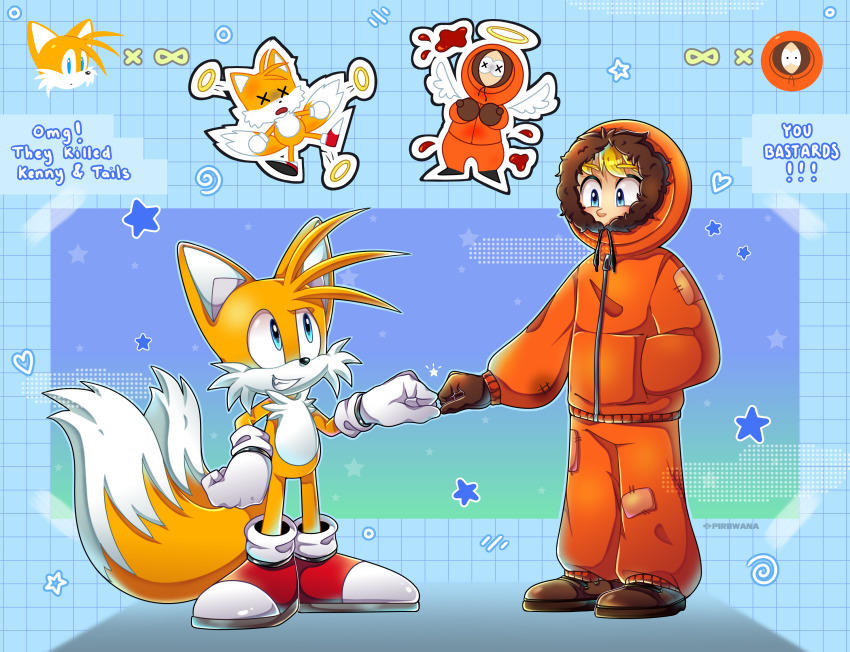 2boys angel_wings blonde_hair blue_eyes child commentary crossover english_commentary english_text fist_bump fox_boy full_body gloves hand_in_pocket highres hood hood_up hoodie kenny_mccormick male_focus multiple_boys multiple_tails orange_hoodie orange_pants pants parka piriiwana ring_(sonic) shoes smile sonic_(series) south_park tail tails_(sonic) two_tails wings