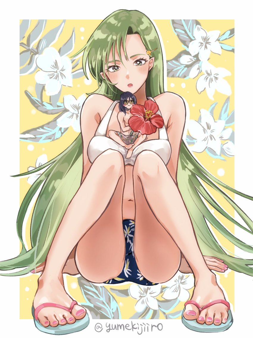 1boy 1girl barefoot_sandals_(jewelry) bikini blue_hair blush choujikuu_yousai_macross couple flower giant giantess green_eyes green_hair hair_behind_ear hetero highres holding holding_flower jenius_maximilian jenius_milia long_hair macross meltrandi midriff nail_polish navel pointy_ears red_flower sitting size_difference smile sunglasses swimsuit white_bikini yumekijiiro