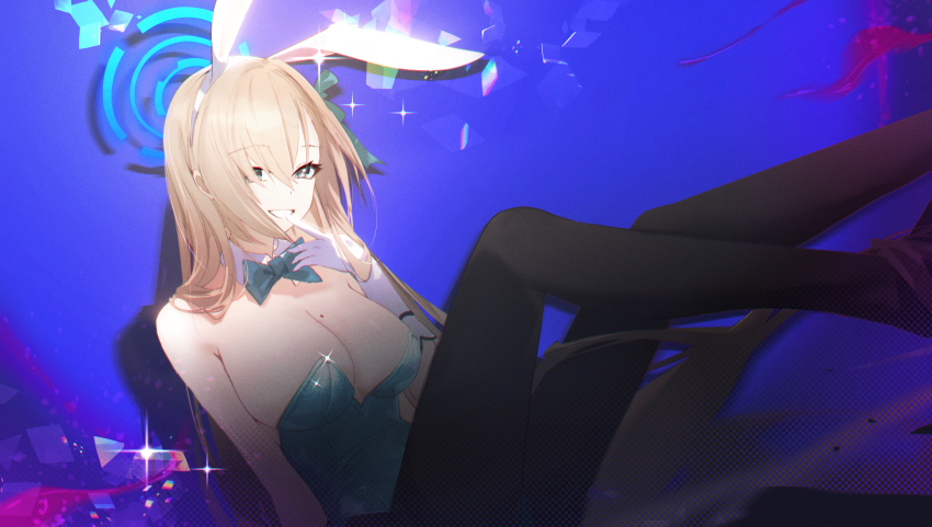 1girl absurdres animal_ears asuna_(blue_archive) asuna_(bunny)_(blue_archive) asymmetrical_bangs blue_archive blue_bow blue_bowtie blue_halo blue_leotard blue_ribbon bow bowtie breasts cleavage detached_collar fake_animal_ears finger_to_mouth gloves hair_over_one_eye halo hayate_(1034853996) highleg highleg_leotard highres large_breasts leotard looking_at_viewer mole mole_on_breast official_alternate_costume pantyhose playboy_bunny purple_halo rabbit_ears ribbon smile strapless strapless_leotard thighband_pantyhose traditional_bowtie white_gloves