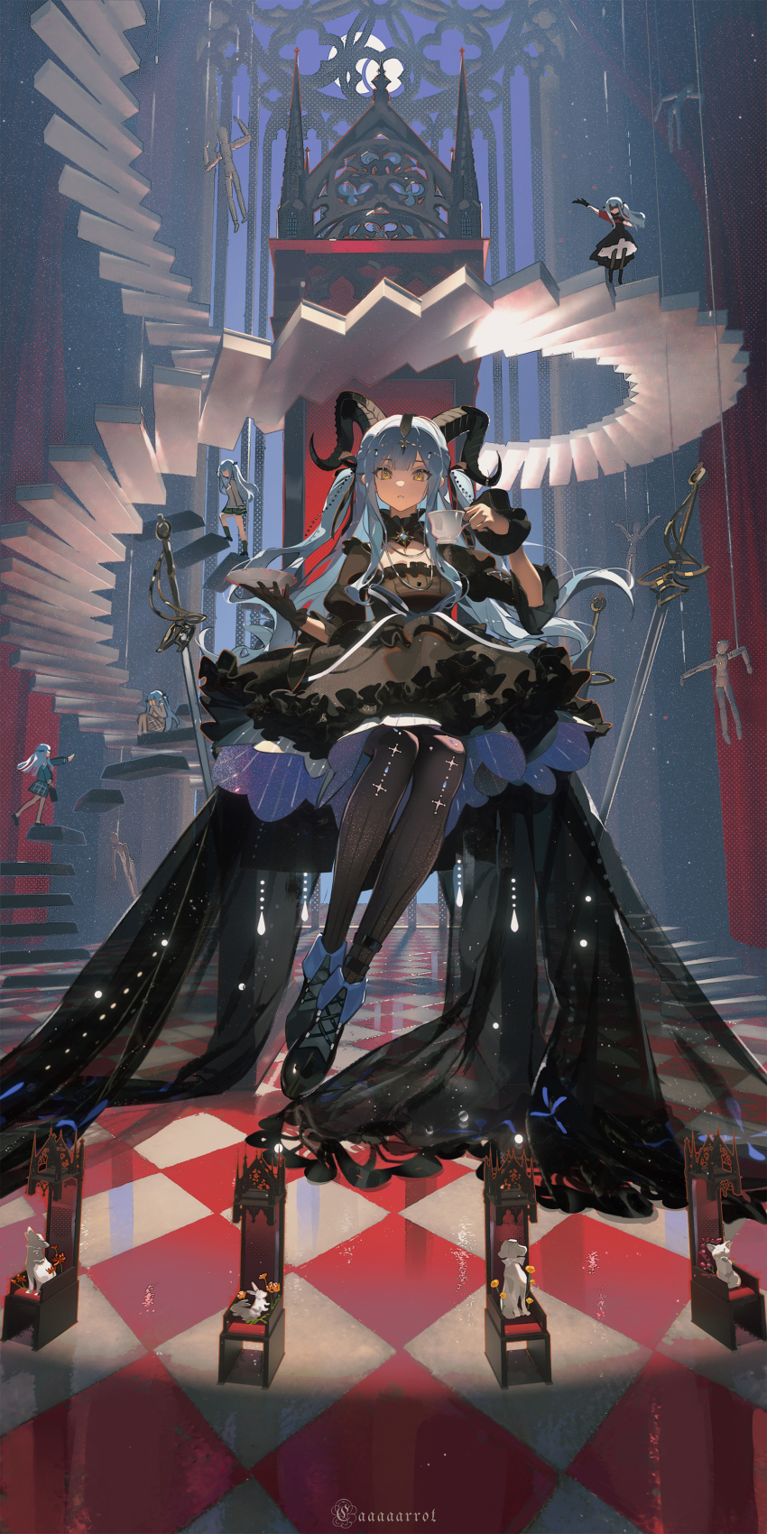 5girls absurdres animalization arknights artist_name asymmetrical_gloves ave_mujica_(bang_dream!) bang_dream! bang_dream!_it&#039;s_mygo!!!!! black_dress black_gloves black_horns black_pantyhose black_ribbon black_shoes blue_hair checkered_floor cup curled_horns curtains dress fingerless_gloves floating_stairs frilled_dress frills full_body gloves hair_ribbon haneoka_school_uniform highres holding holding_cup holding_saucer horns indoors long_hair looking_at_viewer mismatched_gloves misumi_uika misumi_uika_(caged_singer) multiple_girls multiple_persona oblivionis_(bang_dream!) pantyhose parted_lips puppet rapier ribbon saucer school_uniform shoes sidelocks sitting spiral_staircase stairs sword teacup throne togawa_sakiko togawa_sakiko_(master_of_melodia) toto_(caaaaarrot) tsukinomori_school_uniform two_side_up wakaba_mutsumi wakaba_mutsumi_(marionette&#039;s_id) walking weapon window wrist_cuffs yahata_umiri yahata_umiri_(moonlight_executioner) yellow_eyes yuutenji_nyamu yuutenji_nyamu_(magician_of_passion)