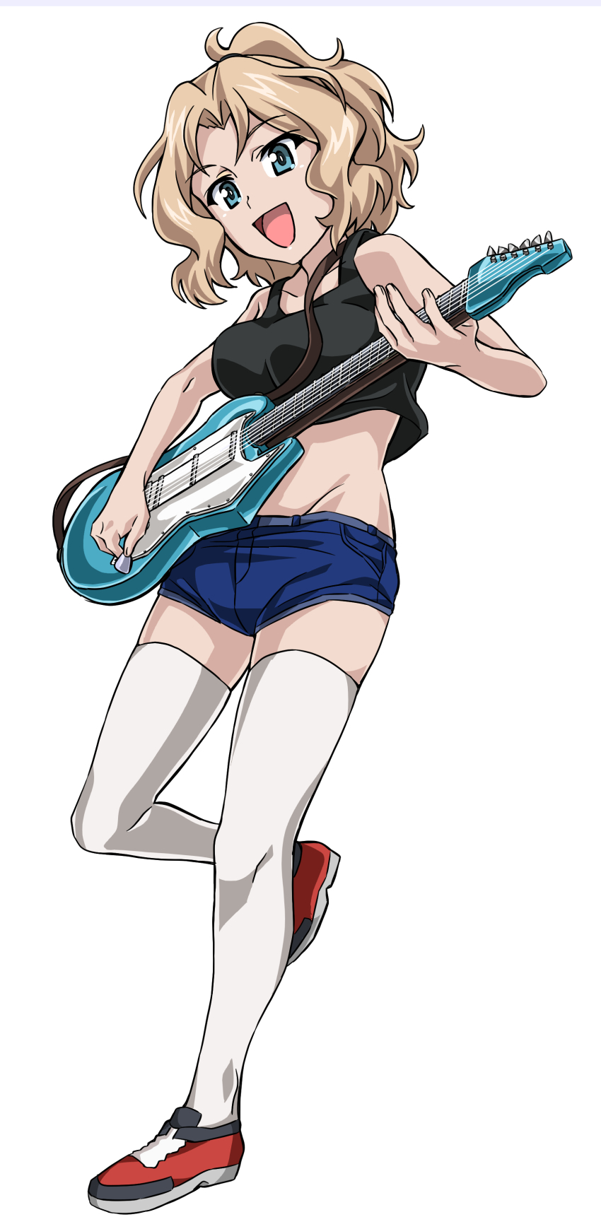 1girl 9s0ykoyama117 absurdres black_tank_top blonde_hair blue_eyes blue_shorts breasts electric_guitar girls_und_panzer guitar highres holding holding_guitar holding_instrument instrument kay_(girls_und_panzer) large_breasts open_mouth shorts simple_background smile solo tank_top thighhighs white_background white_thighhighs