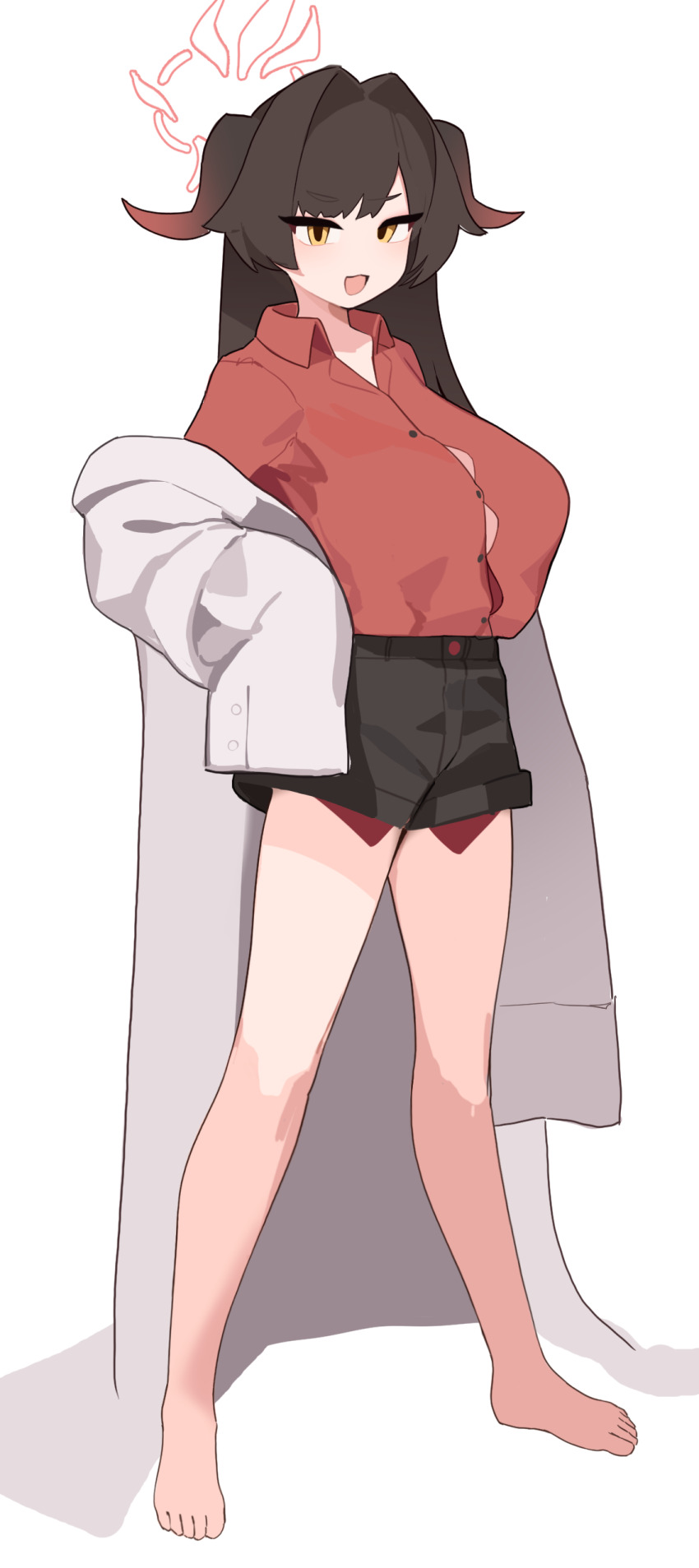 1girl absurdres aged_up alternate_breast_size bare_legs black_hair black_shorts blue_archive breasts coat collared_shirt full_body gya_rb halo highres horns huge_breasts kasumi_(blue_archive) lab_coat long_hair long_sleeves red_shirt shirt shorts solo very_long_hair white_coat yellow_eyes
