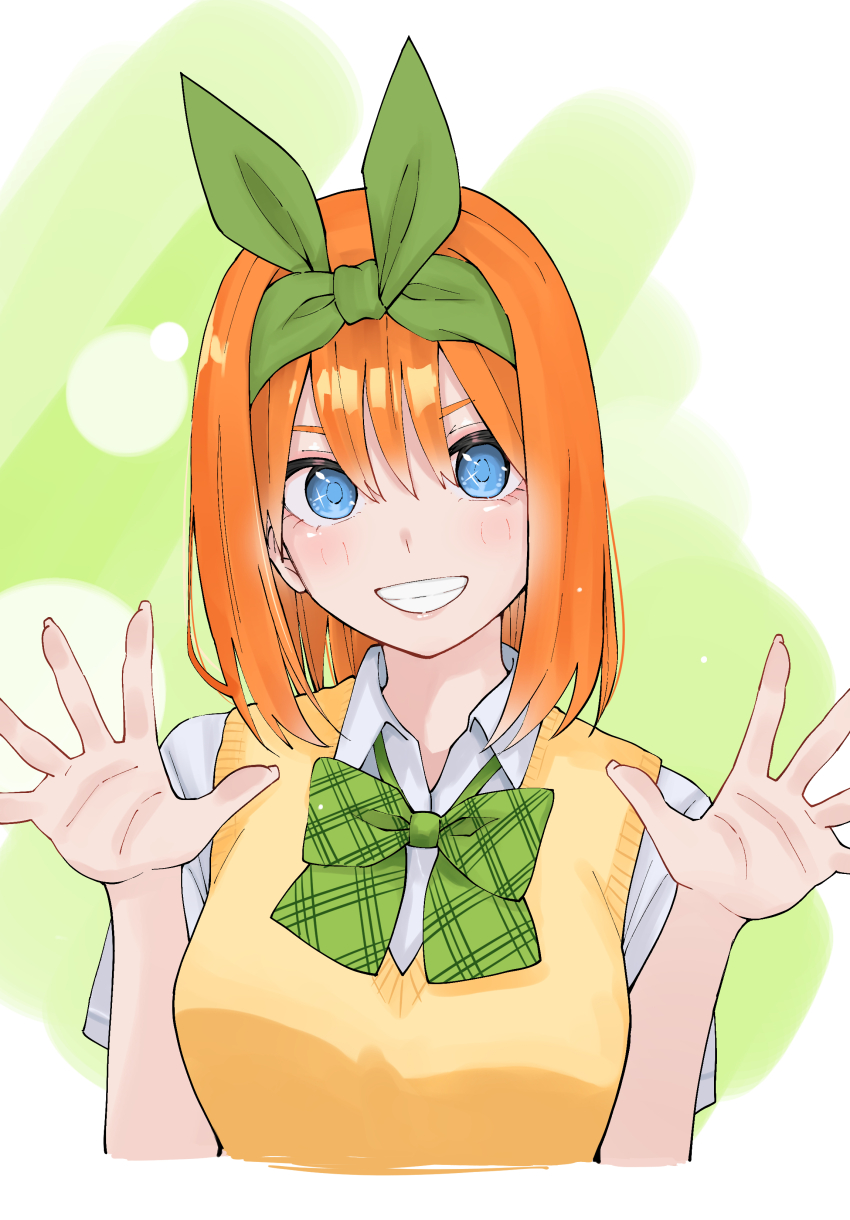 1girl absurdres blue_eyes blush bow breasts collared_shirt go-toubun_no_hanayome green_background green_bow green_hairband green_ribbon hair_between_eyes hair_ribbon hairband highres ldeeeeeeeeeejo looking_at_viewer nakano_yotsuba open_hands orange_hair ribbon shirt short_hair smile solo sweater_vest white_shirt yellow_sweater_vest