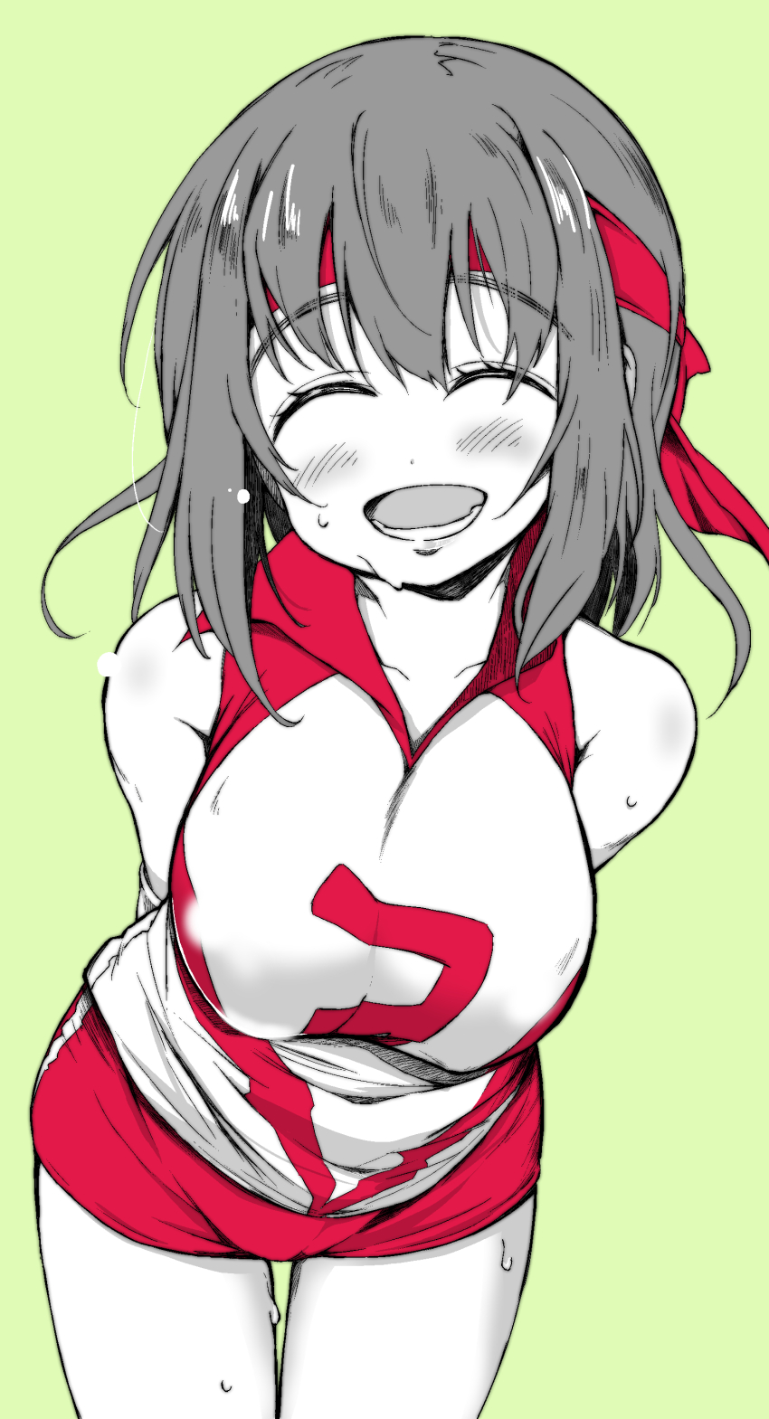 1girl absurdres arms_behind_head closed_eyes commentary cowboy_shot facing_viewer girls_und_panzer green_background headband highres kondou_taeko leaning_forward medium_hair open_mouth partially_colored red_headband red_shirt red_shorts shiiba_aki shirt short_shorts shorts simple_background single_vertical_stripe sleeveless sleeveless_shirt smile solo sportswear sweat volleyball_uniform