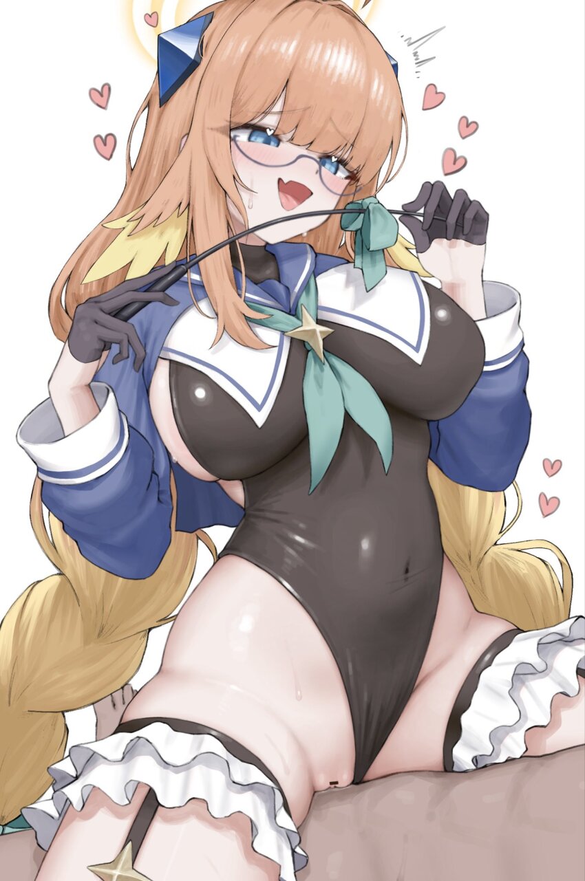 1boy 1girl aqua_neckerchief bar_censor black_gloves black_leotard blonde_hair blue-framed_eyewear blue_archive blue_eyes blue_shrug blunt_bangs blush braid braided_twintails breasts censored clothed_sex clothing_aside covered_navel cowboy_shot cowgirl_position fang feather_hair frilled_thigh_strap furrowed_brow girl_on_top glasses gloves half_gloves halo heart heart_in_eye hetero highleg highleg_leotard highres holding holding_riding_crop large_breasts leotard leotard_aside long_hair looking_at_another low_twin_braids multicolored_hair neckerchief official_alternate_costume open_mouth orange_hair pussy rainbow_goreinu riding_crop semi-rimless_eyewear sex shimiko_(blue_archive) shimiko_(magical)_(blue_archive) shrug_(clothing) sideless_leotard sidelocks simple_background skin_fang skin_tight smile solo_focus straddling sweat symbol_in_eye thigh_strap twin_braids two-tone_hair vaginal very_long_hair white_background yellow_halo