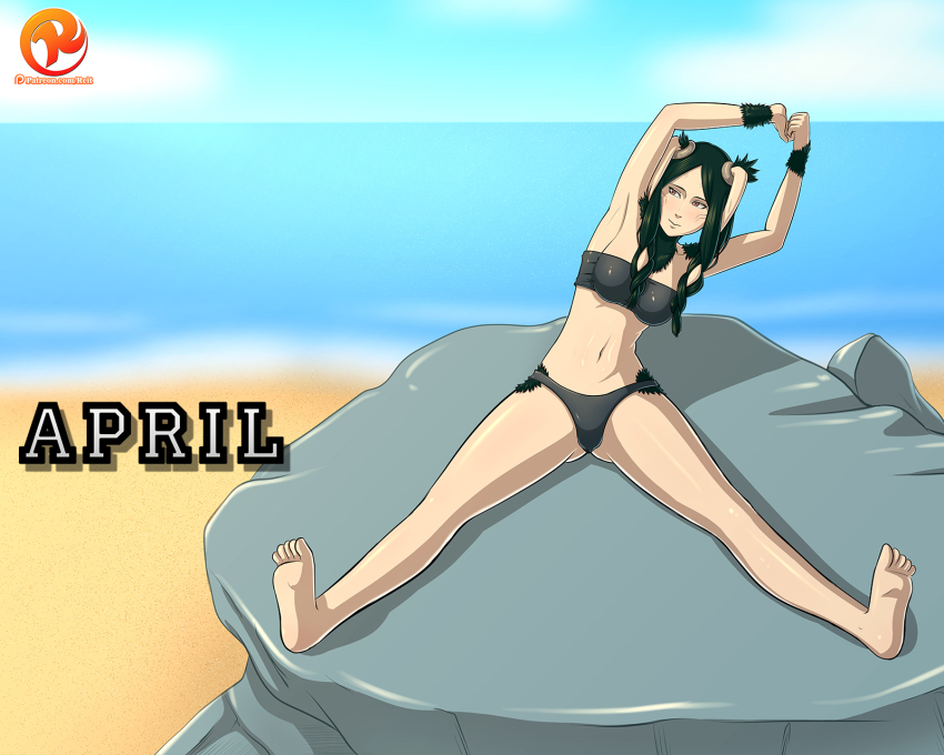 1girl barefoot beach bikini black_bikini black_hair breasts cloud fire_emblem fire_emblem_awakening fur highres long_hair navel nintendo ocean panne_(fire_emblem) rabbit_ears reit rock sand sky smile strapless strapless_bikini swimsuit taguel water