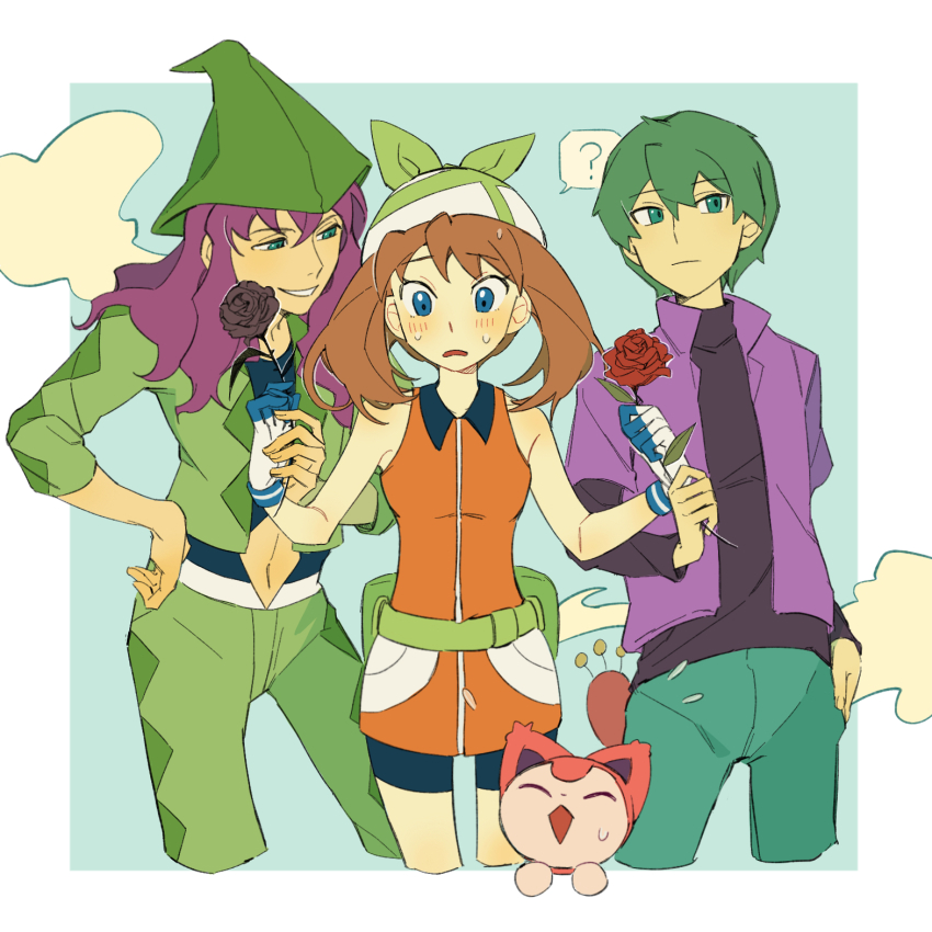 1girl 2boys ? bandana belt blue_eyes boy_sandwich brown_hair commentary dress drew_(pokemon) fanny_pack flower gen_3_pokemon gloves grabbing_another&#039;s_hand green_bag green_bandana green_hair green_hat green_jacket green_pants hand_on_own_hip harley_(pokemon) hat highres holding holding_flower jacket kwastea long_hair looking_down may_(pokemon) multiple_boys nintendo open_clothes open_jacket orange_dress pants pokemon pokemon_(anime) pokemon_(creature) pokemon_dppt_(anime) pokemon_rse_(anime) purple_hair purple_shirt sandwiched shirt skitty smile speech_bubble spoken_question_mark sweat symbol-only_commentary undershirt white_belt white_gloves