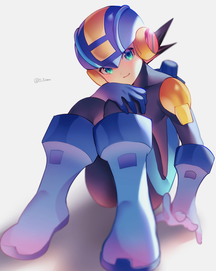 1boy absurdres blue_bodysuit blue_boots blue_headwear blue_helmet blurry blush bodysuit boots brown_hair closed_mouth commentary_request covered_collarbone depth_of_field full_body green_eyes helmet highres looking_at_viewer male_focus mega_man_(series) mega_man_battle_network_(series) megaman.exe netnavi short_hair simple_background sitting smile solo spiked_hair twitter_username white_background zero-go