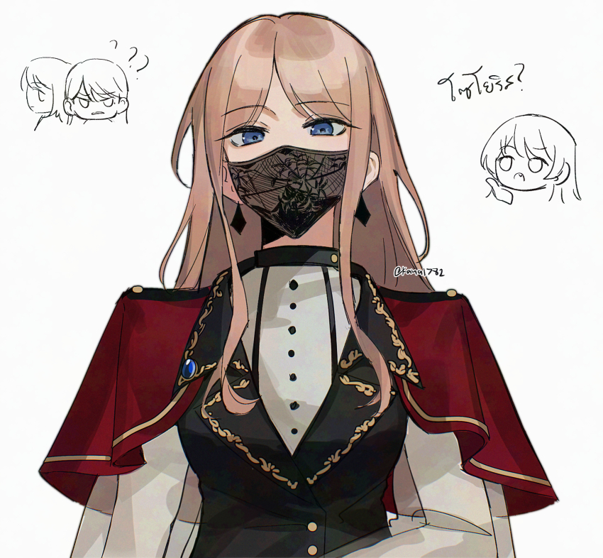 4girls :o ? ?? arm_at_side bang_dream! bang_dream!_it&#039;s_mygo!!!!! black_vest blue_eyes blue_gemstone brown_hair buttons capelet chibi chihaya_anon closed_mouth commentary cosplay covered_mouth doodle_inset earrings fang gem highres jewelry kana1782 lapel_pin lapels long_hair long_sidelocks long_sleeves looking_at_viewer mask mouth_mask multiple_girls nagasaki_soyo open_mouth parted_bangs red_capelet see-through_clothes see-through_sleeves shiina_taki shirt shoulder_boards sidelocks straight-on thai_text twitter_username upper_body v-shaped_eyebrows vest white_shirt yahata_umiri yahata_umiri_(cosplay)