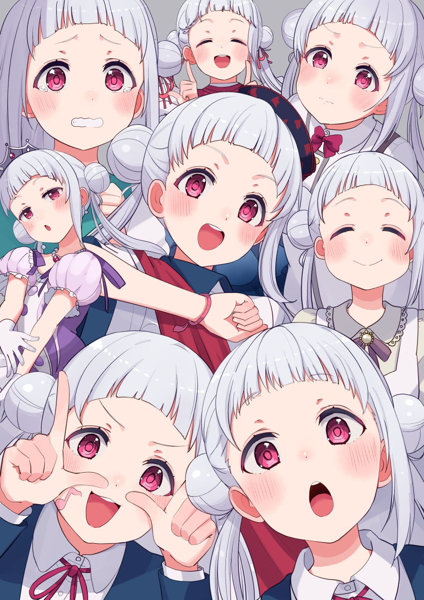 1girl absurdres aged_down arashi_chisato birthday blunt_bangs blush bracelet clenched_teeth closed_eyes cream_(nipakupa) double_bun earrings gloves grey_background hair_bun hair_down hajimari_wa_kimi_no_sora hand_on_own_chest highres jewelry long_hair love_live! love_live!_superstar!! multiple_views musical_note necklace nonfiction!!_(love_live!) red_eyes sash school_uniform single_earring smile start!!_true_dreams_(love_live!) tears teeth tiara upper_body white_gloves white_hair winter_uniform yuigaoka_music_program_school_uniform yuigaoka_school_uniform