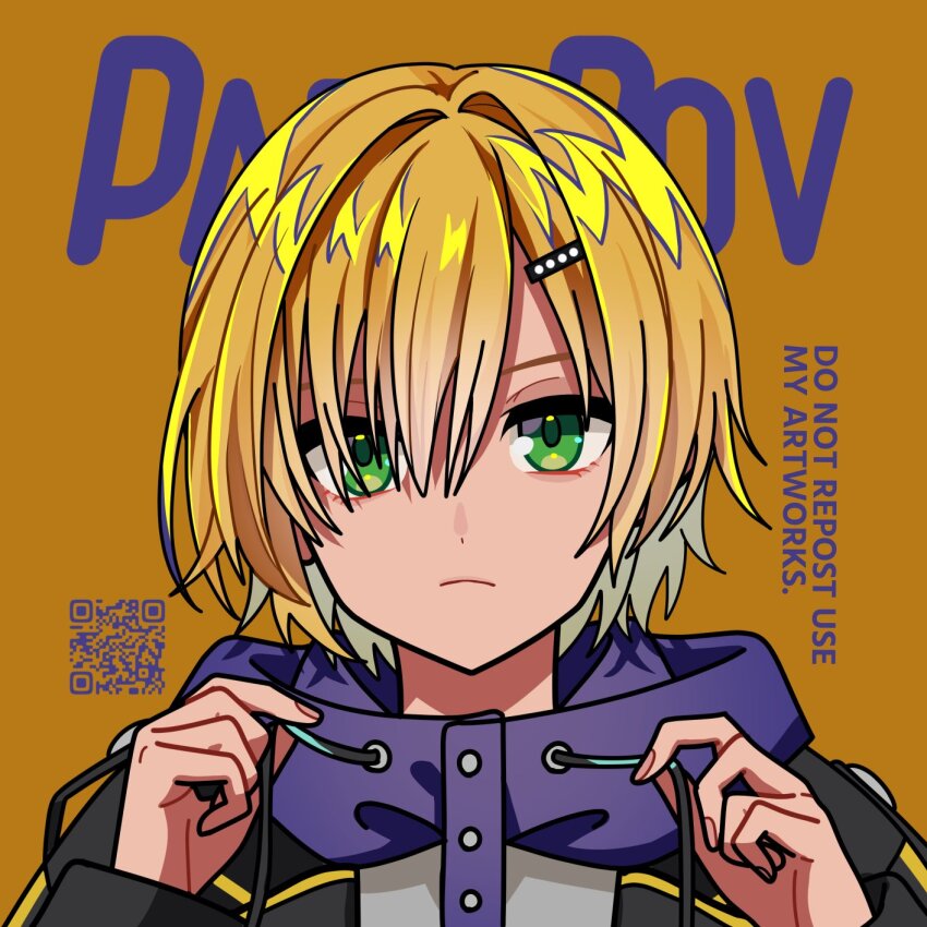 1boy black_jacket blonde_hair blue_hood closed_mouth drawstring green_eyes hair_intakes hair_ornament hair_over_one_eye hairclip highres holding holding_string hood hood_down hoodie jacket looking_at_viewer male_focus nijisanji no_1pafu no_headwear open_clothes open_jacket portrait qr_code short_hair solo standing straight-on string text_background uzuki_kou uzuki_kou_(5th_costume) virtual_youtuber white_hoodie wolf_cut yellow_background