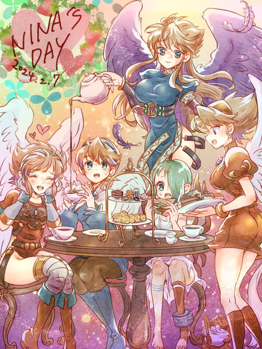 5girls :d :o ^_^ angel_wings black_pantyhose blonde_hair blue_dress blue_eyes blue_hairband boots breasts breath_of_fire breath_of_fire_i breath_of_fire_ii breath_of_fire_iii breath_of_fire_iv breath_of_fire_v cake closed_eyes cup dated dress food green_eyes green_hair hairband hamamuraacca hand_on_own_cheek hand_on_own_face highres holding holding_plate holding_teapot honey_(breath_of_fire) knee_boots large_breasts leotard long_hair long_sleeves multiple_girls nina_(breath_of_fire_i) nina_(breath_of_fire_ii) nina_(breath_of_fire_iii) nina_(breath_of_fire_iv) nina_(breath_of_fire_v) open_mouth pantyhose pastry plate pouring puffy_long_sleeves puffy_short_sleeves puffy_sleeves purple_wings red_dress red_hairband red_leotard short_hair short_sleeves side_slit smile sugar_cube table teacup teapot tiered_tray white_dress white_wings wings
