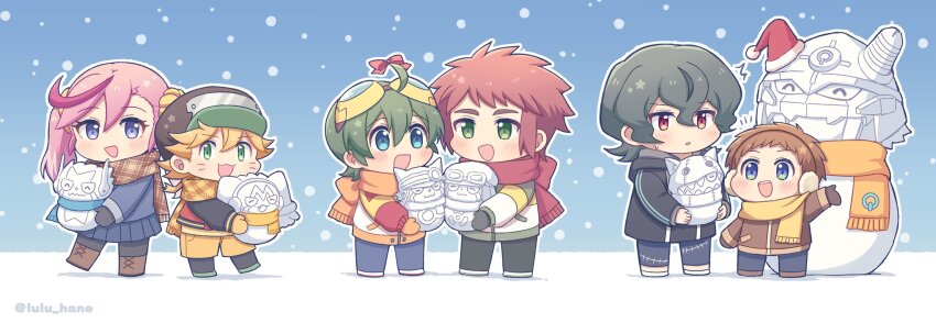 appmon artist_request asuka_torajirou bootmon chibi digimon digimon_universe:_appli_monsters dokamon gatchmon hackmon_(appmon) hat highres karan_eri katsura_hajime katsura_rei long_hair looking_at_another musimon offmon ozora_yujin shinkai_haru short_hair smile snowing winter_clothes