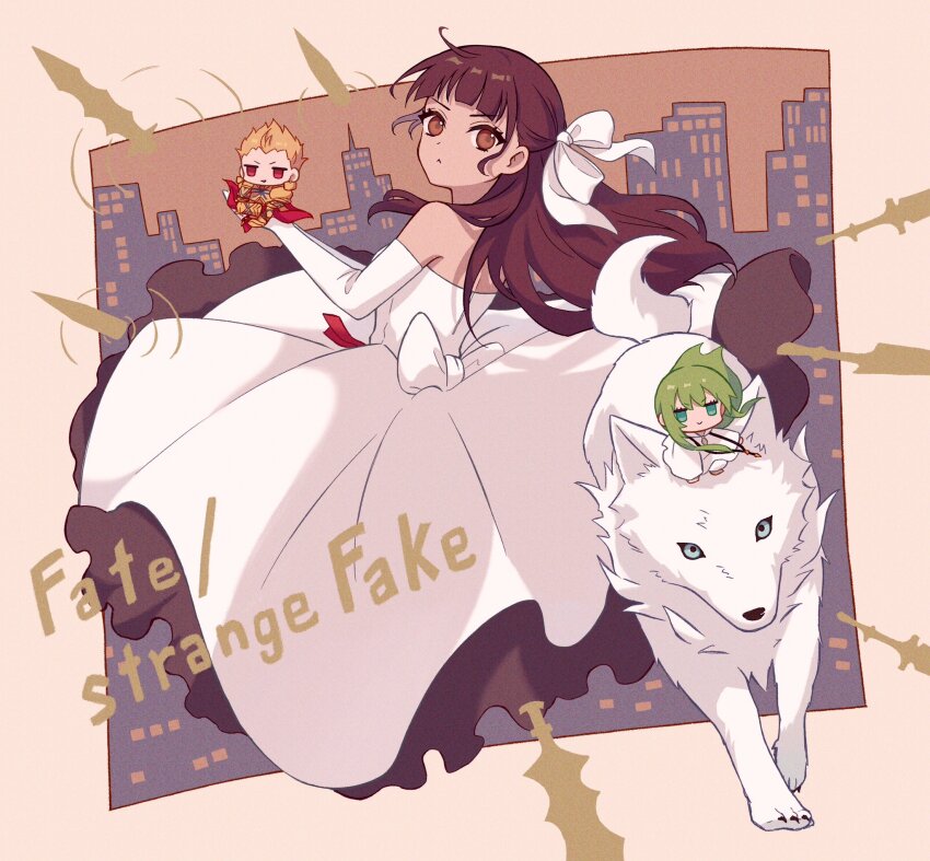 1boy 1girl 1other :&lt; animal back_bow biitu blonde_hair blunt_bangs bow brown_eyes brown_hair chibi closed_mouth copyright_name dress elbow_gloves enkidu_(fate) fate/strange_fake fate_(series) full_body gilgamesh_(fate) gloves green_eyes green_hair hair_bow highres holding long_hair looking_at_viewer off-shoulder_dress off_shoulder red_eyes solo_focus tine_chelc white_bow white_dress white_gloves white_wolf wolf wolf_(fate)