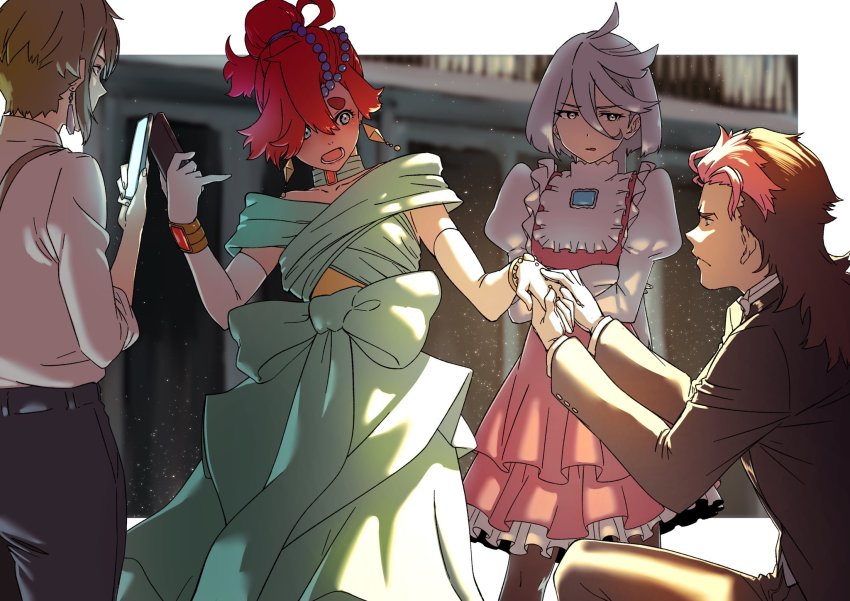 2boys 2girls aduti_momoyama bracelet brown_hair cellphone character_request cosplay earrings elan_ceres frills gloves grey_eyes guel_jeturk gundam gundam_suisei_no_majo highres jewelry kneeling laura_rolla laura_rolla_(cosplay) long_hair loran_cehack loran_cehack_(cosplay) miorine_rembran multiple_boys multiple_girls phone puffy_sleeves red_hair serious smartphone sochie_heim sochie_heim_(cosplay) suletta_mercury surprised suspenders turn_a_gundam white_hair