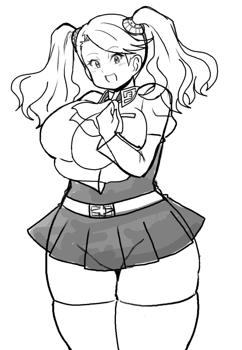 1girl arms_under_breasts blush breasts breasts_squeezed_together gundam gundam_build_fighters gundam_build_fighters_try highres huge_breasts koutarosu looking_at_viewer monochrome open_mouth sazaki_kaoruko skirt smile solo twintails white_background wide_hips