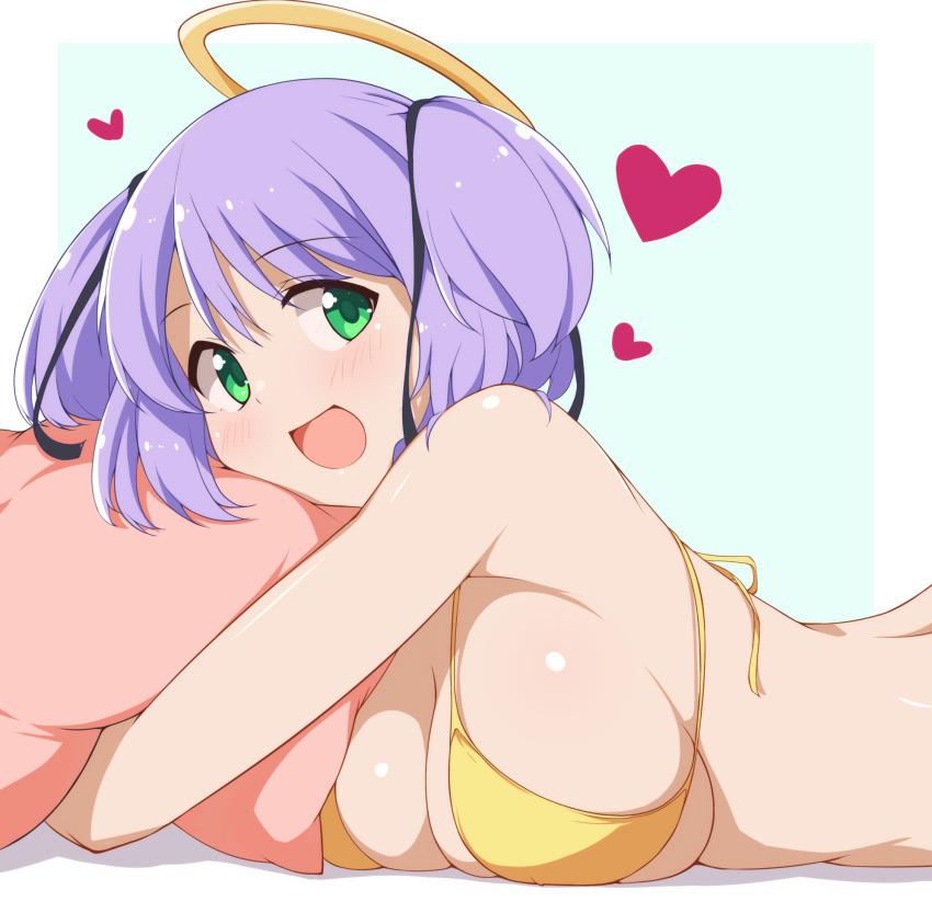 1girl :d angel aqua_background bare_shoulders bikini black_ribbon blush bokusatsu_tenshi_dokuro-chan border breasts commentary_request dou-t eyes_visible_through_hair from_side green_eyes hair_between_eyes hair_ribbon halo happy heart highres hugging_object large_breasts looking_at_viewer medium_hair mitsukai_dokuro open_mouth outside_border pillow pillow_hug pink_pillow purple_hair ribbon sideboob simple_background skindentation smile solo swimsuit tareme twintails upper_body white_border yellow_bikini yellow_halo
