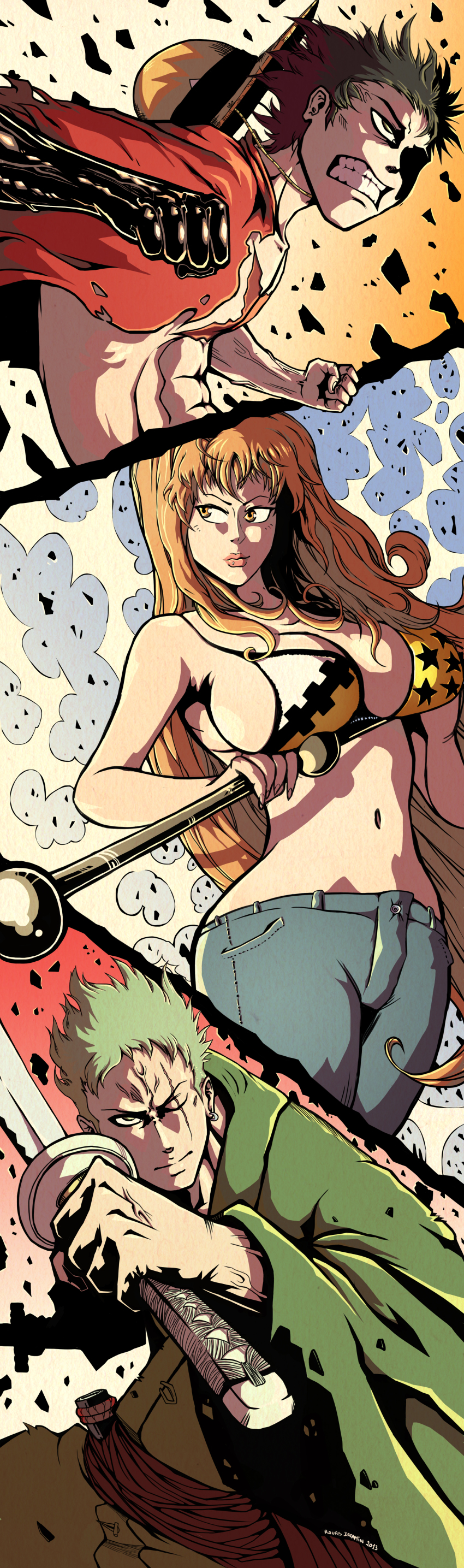 10s 1girl 2013 2boys abs absurdres battle bikini bikini_top_only black_hair breasts clenched_teeth clima-tact close-up dual_wielding earrings green_hair haki_(one_piece) hat highres holding jewelry katana large_breasts lips long_hair md5_mismatch monkey_d._luffy multiple_boys nami_(one_piece) nami_(one_piece)_(punk_hazard) navel one-eyed one_piece open_clothes open_shirt orange_eyes orange_hair prince_rours punk_hazard resized resolution_mismatch roronoa_zoro sheath shirt short_hair signature source_smaller straw_hat swimsuit sword teeth upscaled very_long_hair weapon